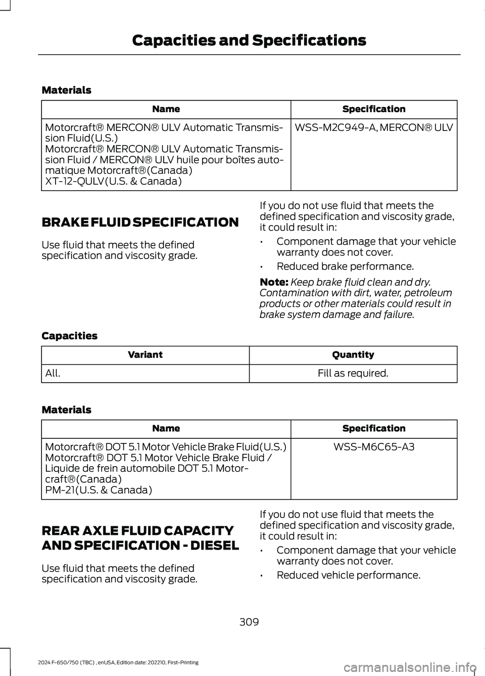 FORD F650/750 2024  Owners Manual Materials
SpecificationName
WSS-M2C949-A, MERCON® ULVMotorcraft® MERCON® ULV Automatic Transmis-sion Fluid(U.S.)Motorcraft® MERCON® ULV Automatic Transmis-sion Fluid / MERCON® ULV huile pour bo