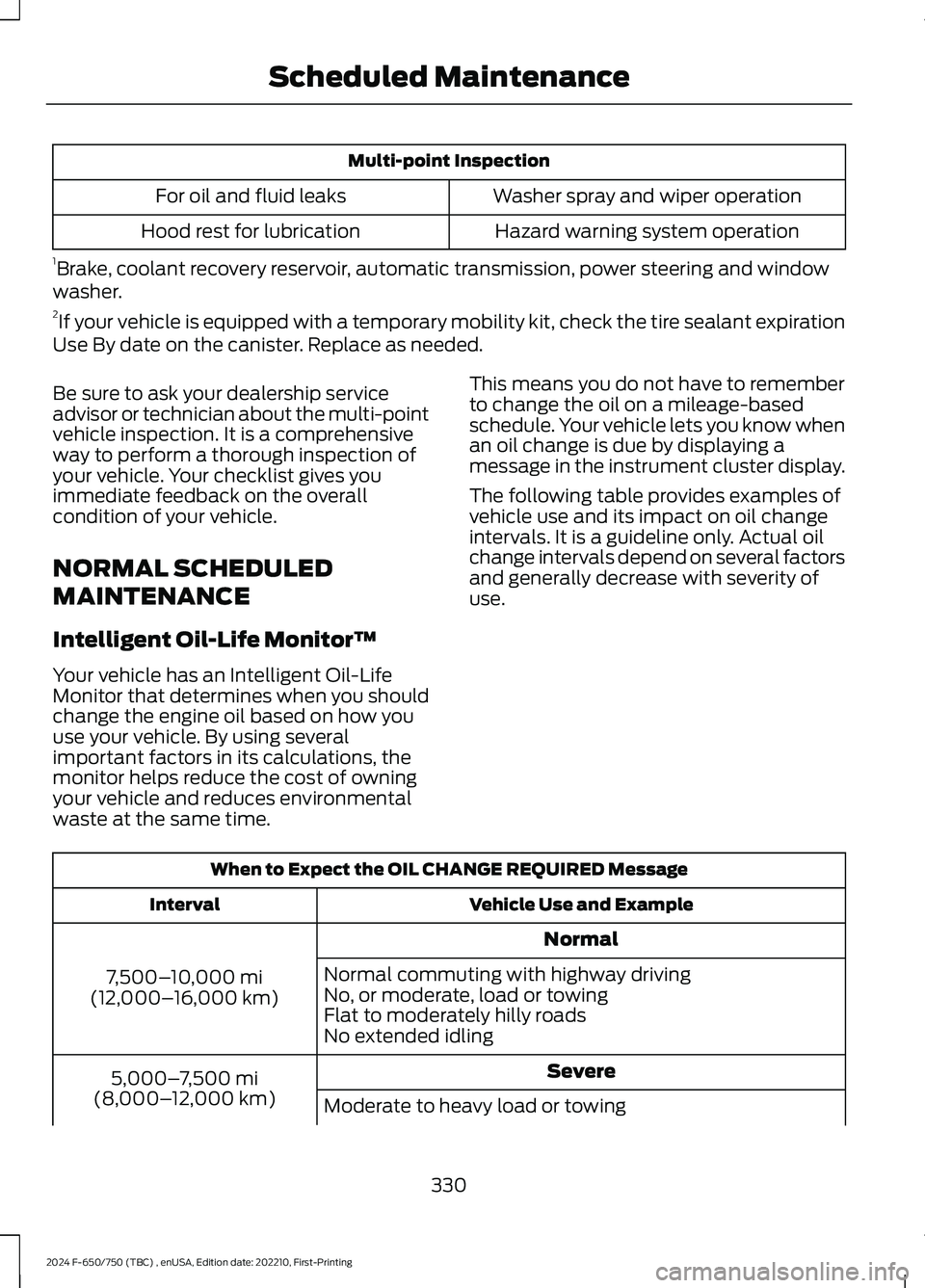 FORD F650/750 2024  Owners Manual Multi-point Inspection
Washer spray and wiper operationFor oil and fluid leaks
Hazard warning system operationHood rest for lubrication
1Brake, coolant recovery reservoir, automatic transmission, powe