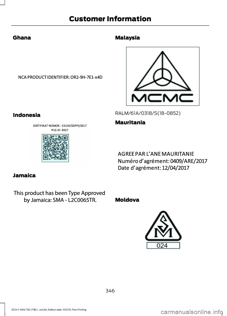 FORD F650/750 2024  Owners Manual Ghana
Indonesia
Jamaica
Malaysia
RALM/61A/0318/S(18-0852)
Mauritania
Moldova
346
2024 F-650/750 (TBC) , enUSA, Edition date: 202210, First-PrintingCustomer InformationE340191  E342395  E340518  E33983