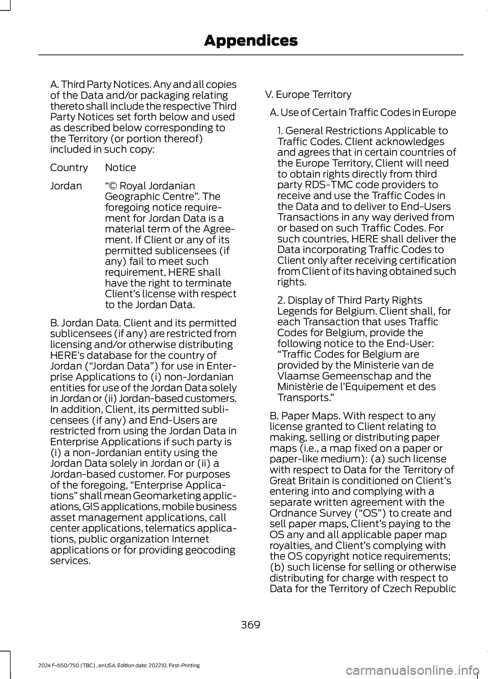 FORD F650/750 2024  Owners Manual A. Third Party Notices. Any and all copiesof the Data and/or packaging relatingthereto shall include the respective ThirdParty Notices set forth below and usedas described below corresponding tothe Te