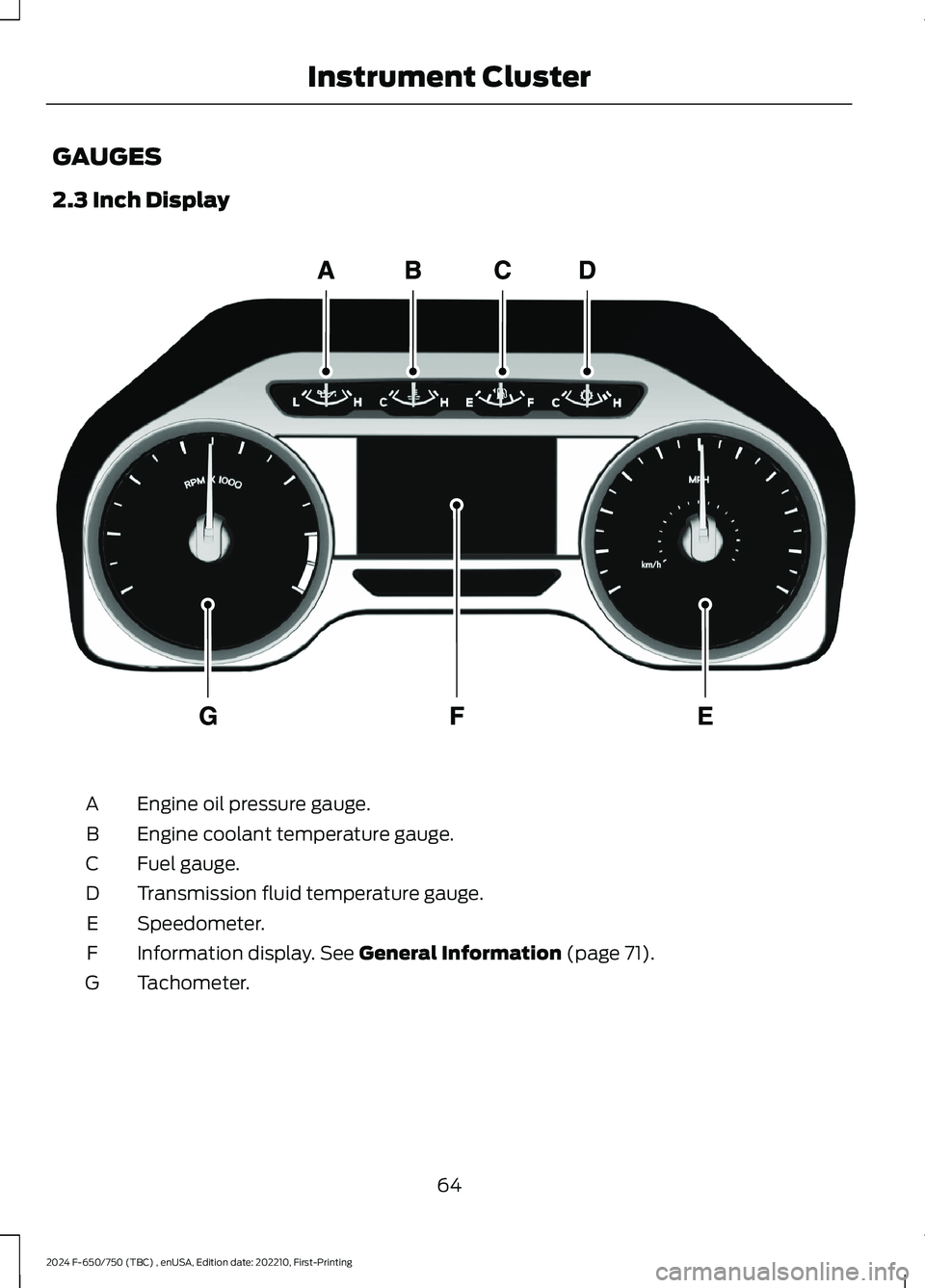 FORD F650/750 2024  Owners Manual GAUGES
2.3 Inch Display
Engine oil pressure gauge.A
Engine coolant temperature gauge.B
Fuel gauge.C
Transmission fluid temperature gauge.D
Speedometer.E
Information display. See General Information (p