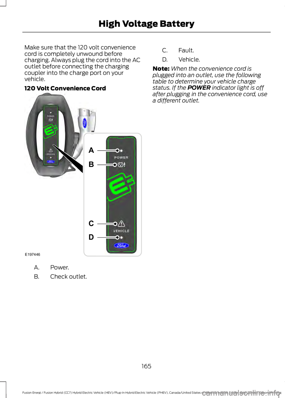 FORD FUSION ENERGI 2017  Owners Manual Make sure that the 120 volt conveniencecord is completely unwound beforecharging. Always plug the cord into the ACoutlet before connecting the chargingcoupler into the charge port on yourvehicle.
120 