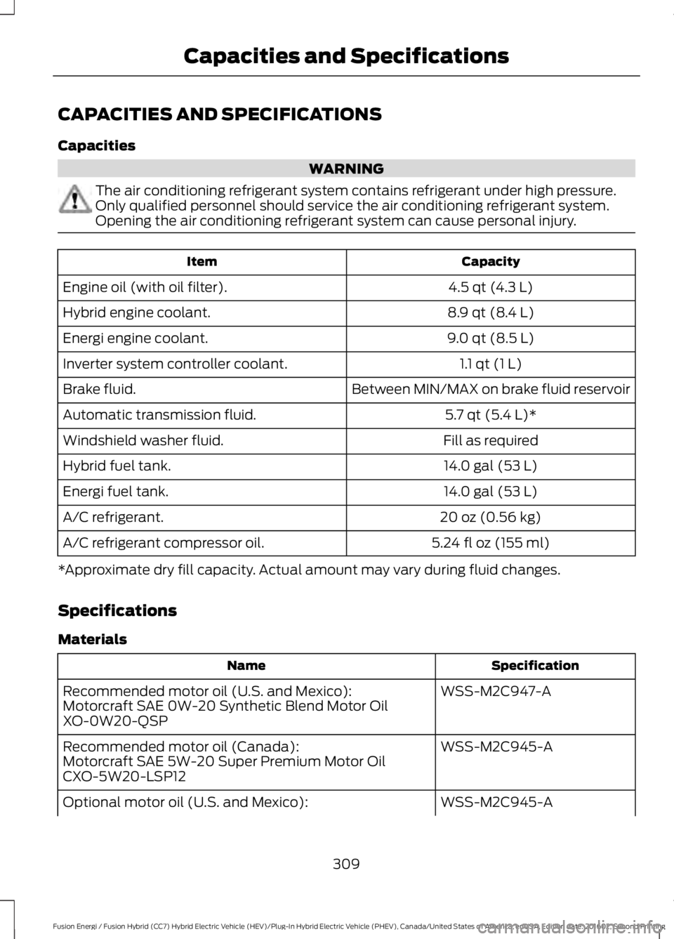 FORD FUSION ENERGI 2017  Owners Manual CAPACITIES AND SPECIFICATIONS
Capacities
WARNING
The air conditioning refrigerant system contains refrigerant under high pressure.Only qualified personnel should service the air conditioning refrigera