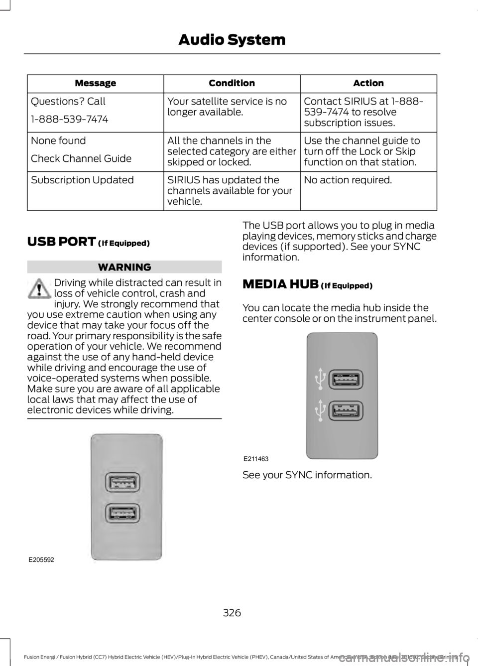 FORD FUSION ENERGI 2017  Owners Manual ActionConditionMessage
Contact SIRIUS at 1-888-539-7474 to resolvesubscription issues.
Your satellite service is nolonger available.Questions? Call
1-888-539-7474
Use the channel guide toturn off the 