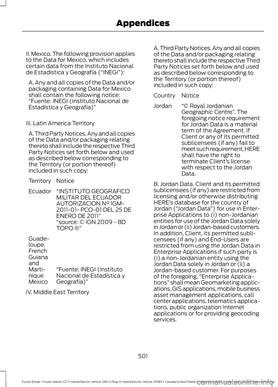 FORD FUSION ENERGI 2017  Owners Manual II. Mexico. The following provision appliesto the Data for Mexico, which includescertain data from the Instituto Nacionalde Estadística y Geografía (“INEGI”):
A. Any and all copies of the Data a