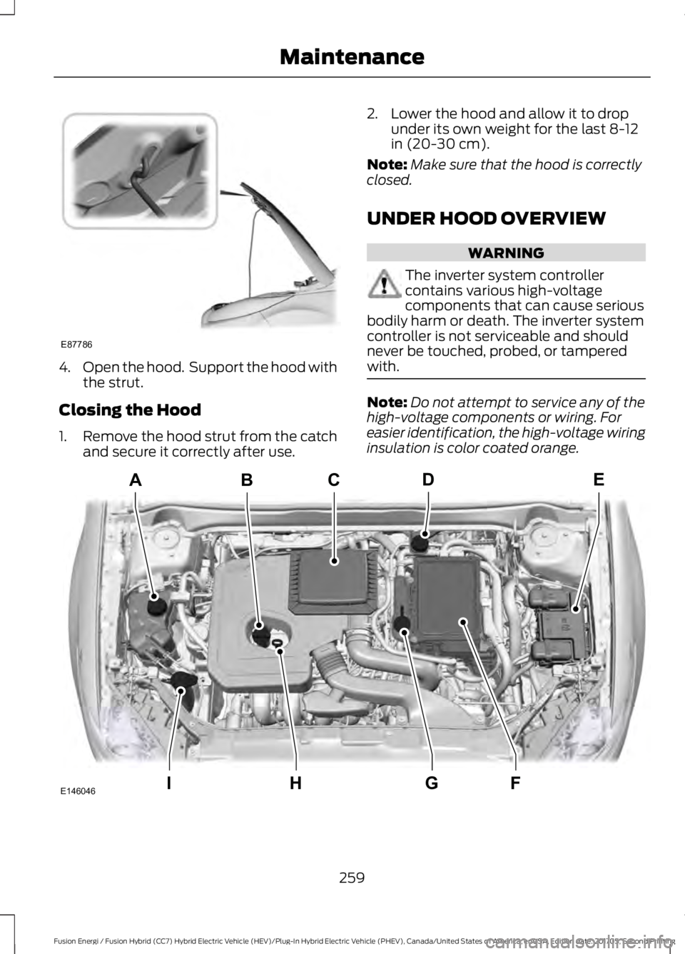 FORD FUSION ENERGI 2018  Owners Manual 4.Open the hood.  Support the hood withthe strut.
Closing the Hood
1.Remove the hood strut from the catchand secure it correctly after use.
2. Lower the hood and allow it to dropunder its own weight f