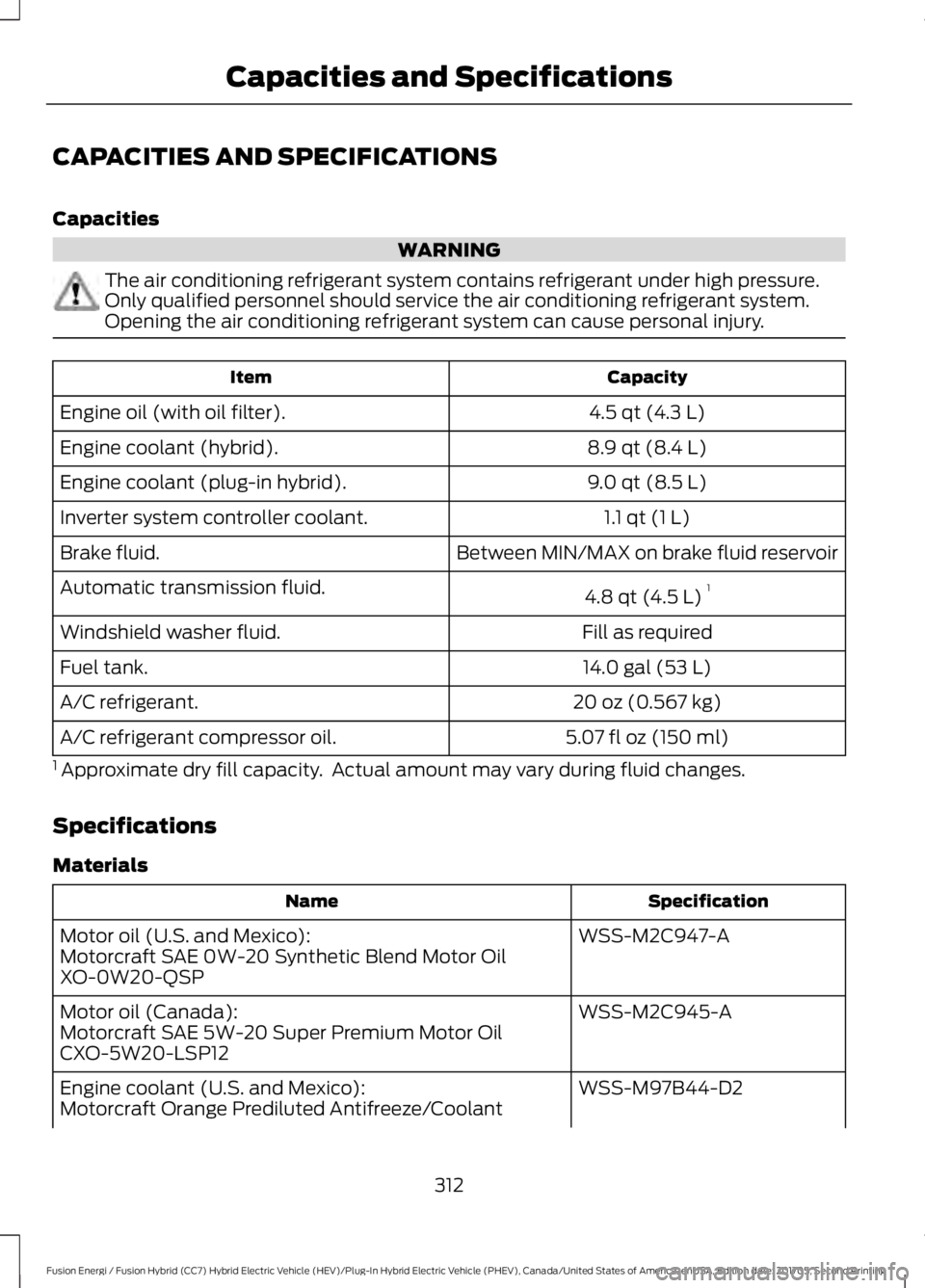 FORD FUSION ENERGI 2018  Owners Manual CAPACITIES AND SPECIFICATIONS
Capacities
WARNING
The air conditioning refrigerant system contains refrigerant under high pressure.Only qualified personnel should service the air conditioning refrigera