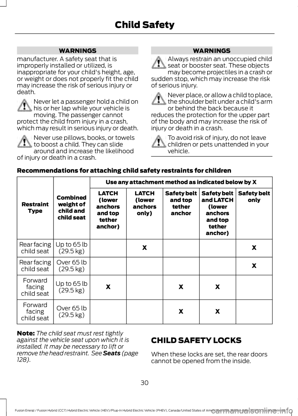 FORD FUSION ENERGI 2018  Owners Manual WARNINGS
manufacturer. A safety seat that isimproperly installed or utilized, isinappropriate for your child's height, age,or weight or does not properly fit the childmay increase the risk of seri