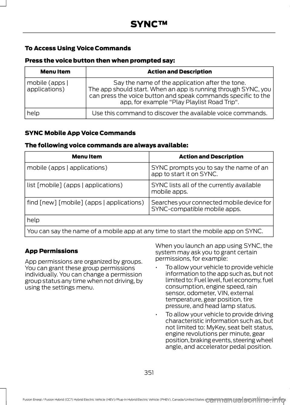 FORD FUSION ENERGI 2018  Owners Manual To Access Using Voice Commands
Press the voice button then when prompted say:
Action and DescriptionMenu Item
Say the name of the application after the tone.The app should start. When an app is runnin