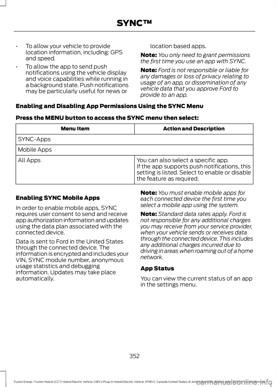 FORD FUSION ENERGI 2018  Owners Manual •To allow your vehicle to providelocation information, including: GPSand speed.
•To allow the app to send pushnotifications using the vehicle displayand voice capabilities while running ina backgr
