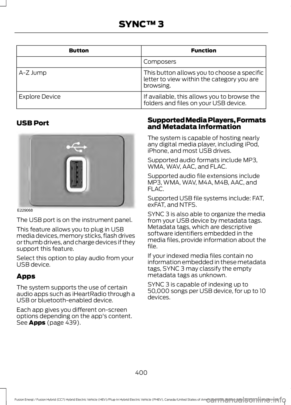 FORD FUSION ENERGI 2018  Owners Manual FunctionButton
Composers
This button allows you to choose a specificletter to view within the category you arebrowsing.
A-Z Jump
If available, this allows you to browse thefolders and files on your US