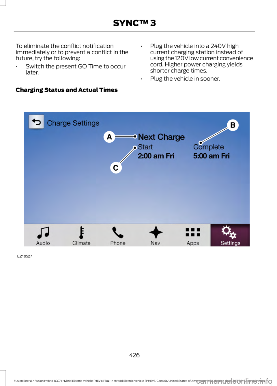 FORD FUSION ENERGI 2018  Owners Manual To eliminate the conflict notificationimmediately or to prevent a conflict in thefuture, try the following:
•Switch the present GO Time to occurlater.
•Plug the vehicle into a 240V highcurrent cha