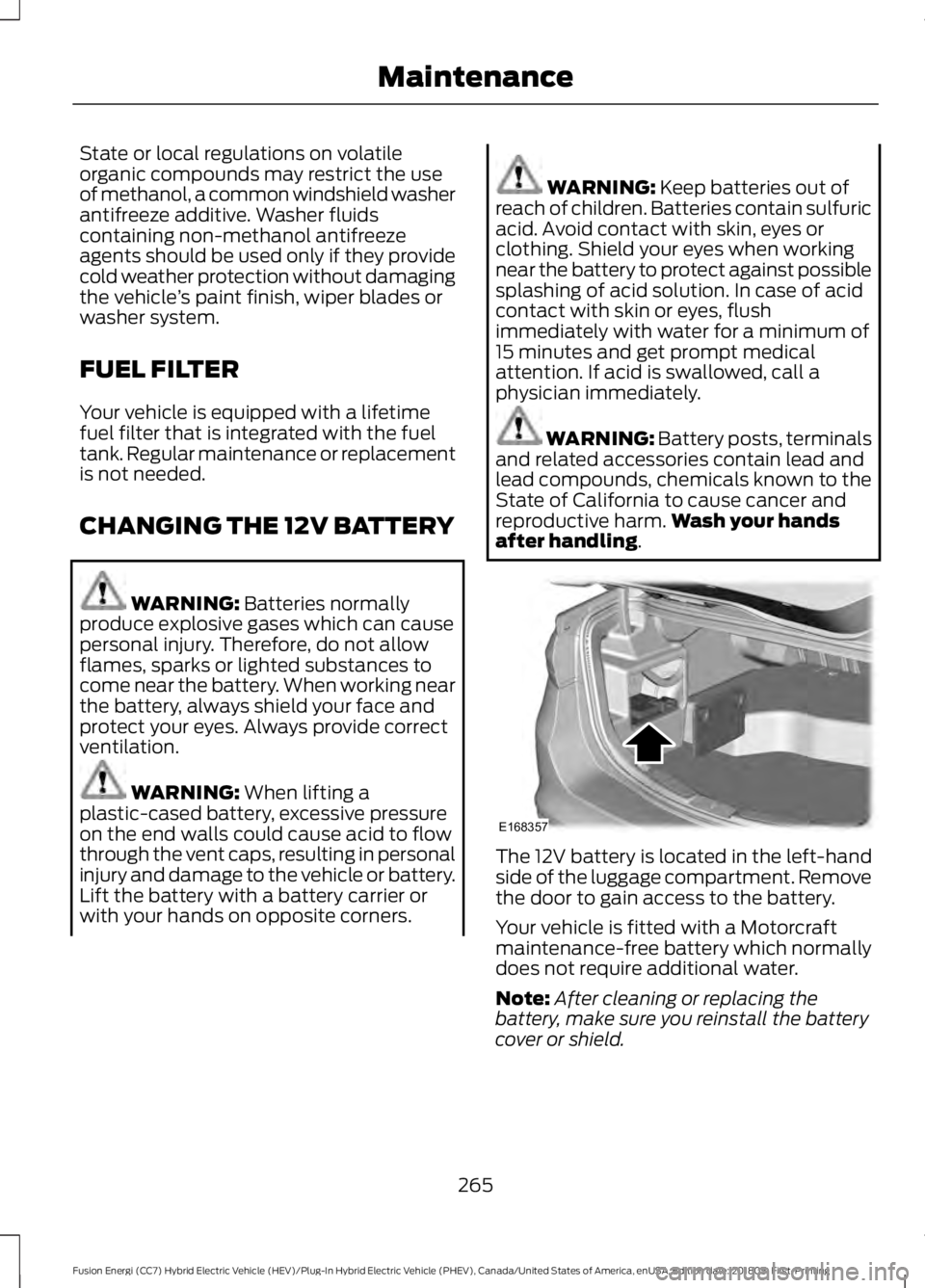 FORD FUSION ENERGI 2019  Owners Manual State or local regulations on volatile
organic compounds may restrict the use
of methanol, a common windshield washer
antifreeze additive. Washer fluids
containing non-methanol antifreeze
agents shoul