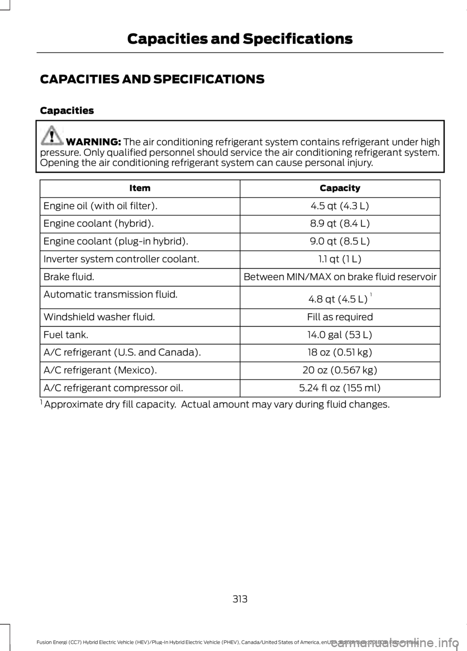 FORD FUSION ENERGI 2019  Owners Manual CAPACITIES AND SPECIFICATIONS
Capacities
WARNING: The air conditioning refrigerant system contains refrigerant under high
pressure. Only qualified personnel should service the air conditioning refrige