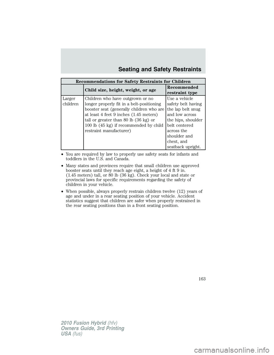 FORD FUSION HYBRID 2010  Owners Manual Recommendations for Safety Restraints for Children
Child size, height, weight, or ageRecommended
restraint type
Larger
childrenChildren who have outgrown or no
longer properly fit in a belt-positionin