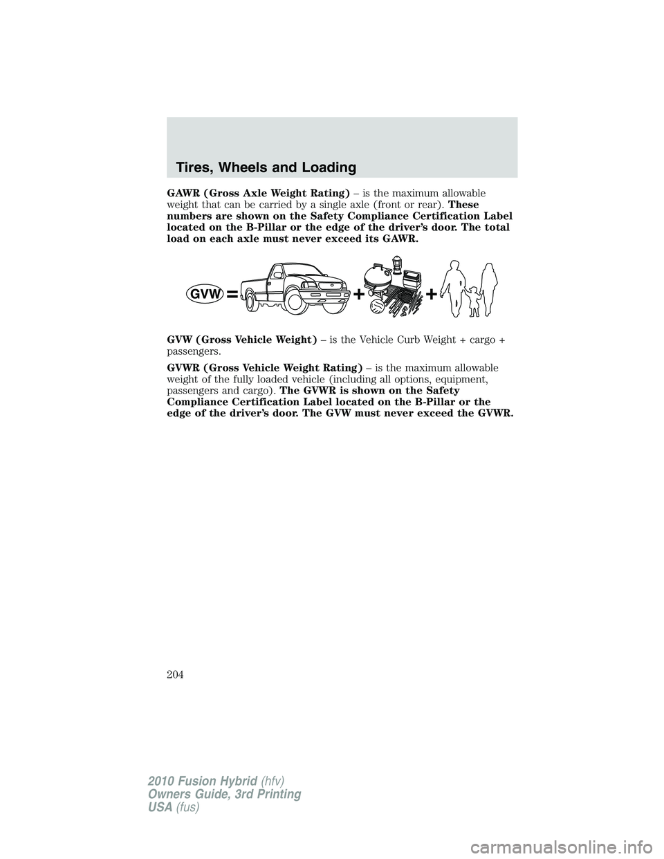 FORD FUSION HYBRID 2010  Owners Manual GAWR (Gross Axle Weight Rating)– is the maximum allowable
weight that can be carried by a single axle (front or rear).These
numbers are shown on the Safety Compliance Certification Label
located on 