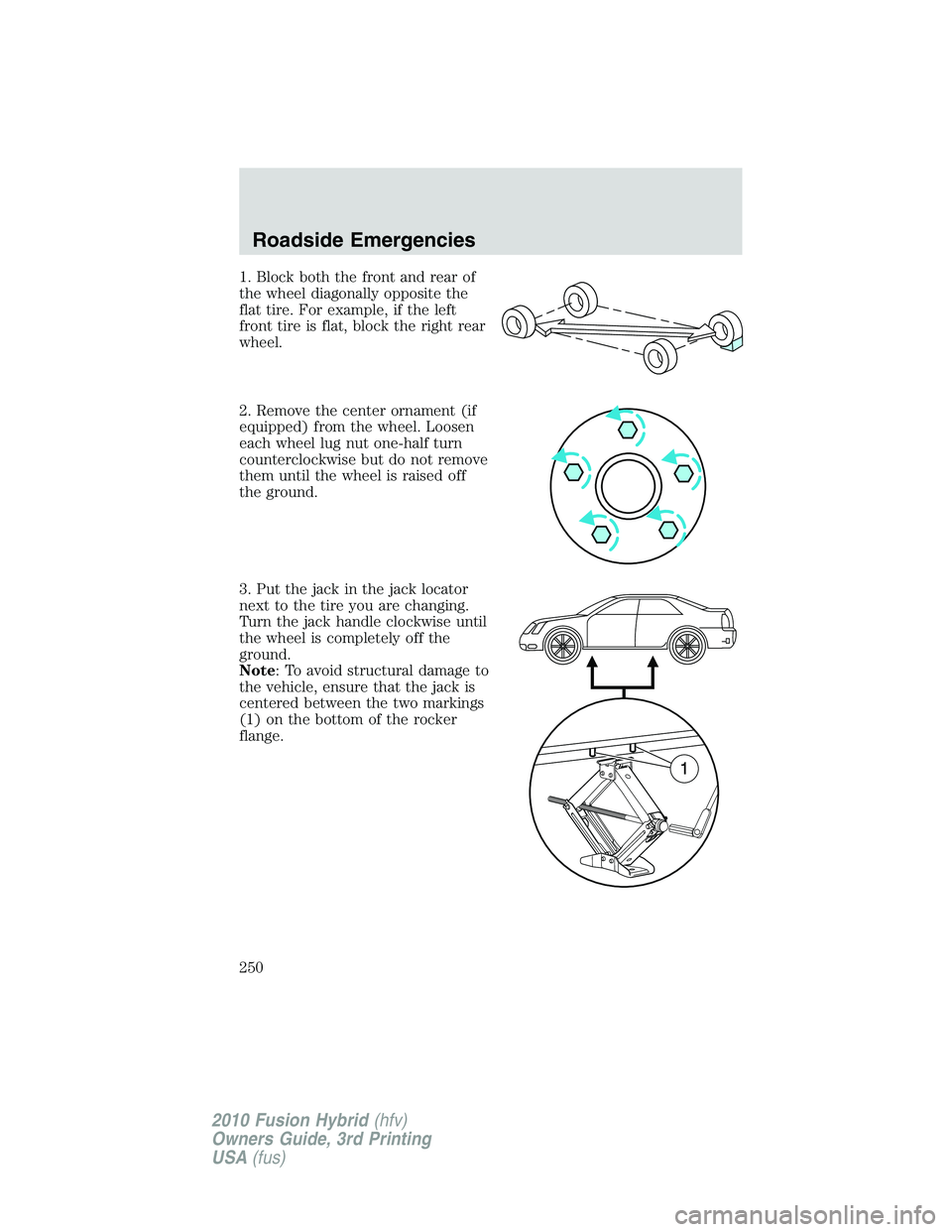FORD FUSION HYBRID 2010  Owners Manual 1. Block both the front and rear of
the wheel diagonally opposite the
flat tire. For example, if the left
front tire is flat, block the right rear
wheel.
2. Remove the center ornament (if
equipped) fr