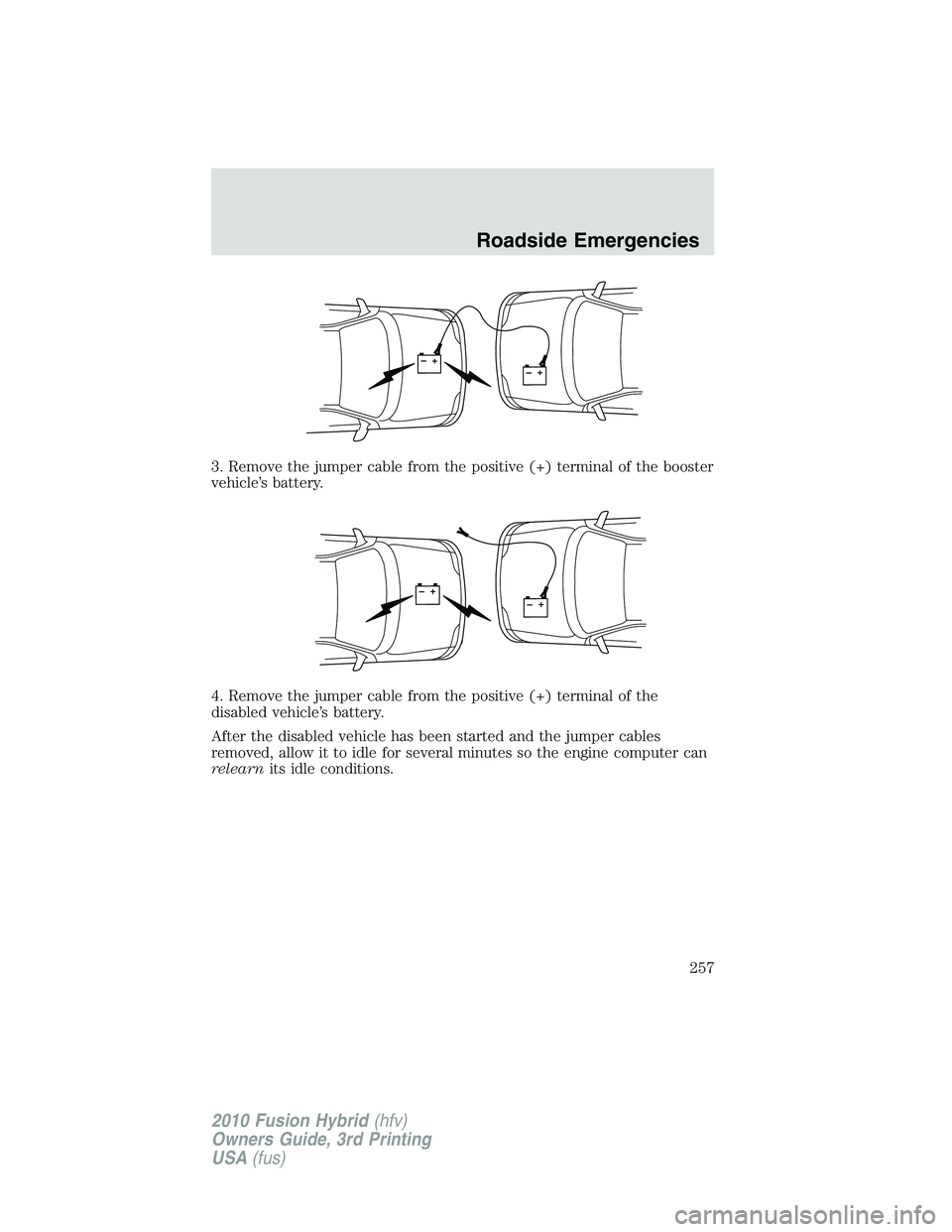 FORD FUSION HYBRID 2010  Owners Manual 3. Remove the jumper cable from the positive (+) terminal of the booster
vehicle’s battery.
4. Remove the jumper cable from the positive (+) terminal of the
disabled vehicle’s battery.
After the d
