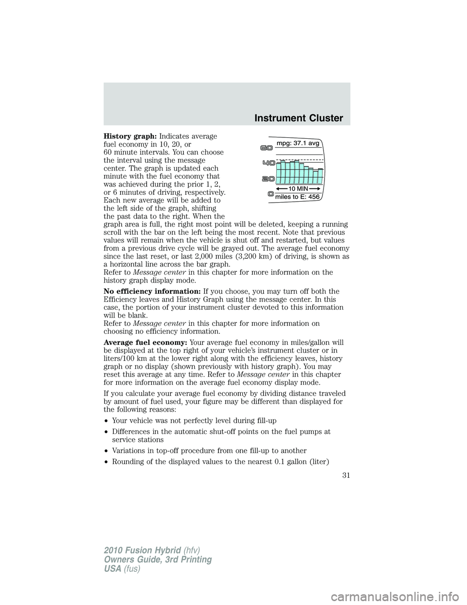 FORD FUSION HYBRID 2010  Owners Manual History graph:Indicates average
fuel economy in 10, 20, or
60 minute intervals. You can choose
the interval using the message
center. The graph is updated each
minute with the fuel economy that
was ac