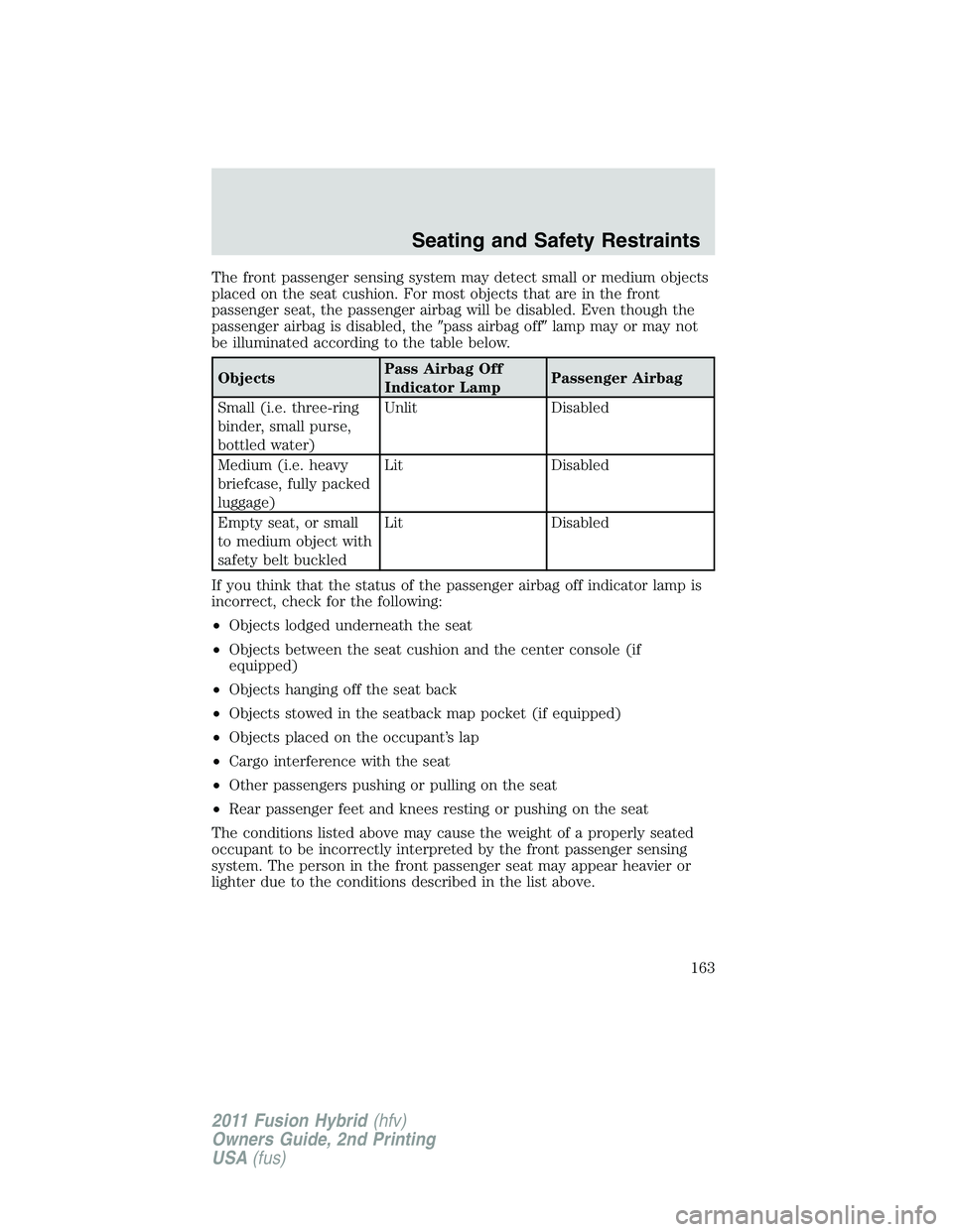 FORD FUSION HYBRID 2011 Owners Manual The front passenger sensing system may detect small or medium objects
placed on the seat cushion. For most objects that are in the front
passenger seat, the passenger airbag will be disabled. Even tho FORD FUSION HYBRID 2011 Owners Manual The front passenger sensing system may detect small or medium objects
placed on the seat cushion. For most objects that are in the front
passenger seat, the passenger airbag will be disabled. Even tho