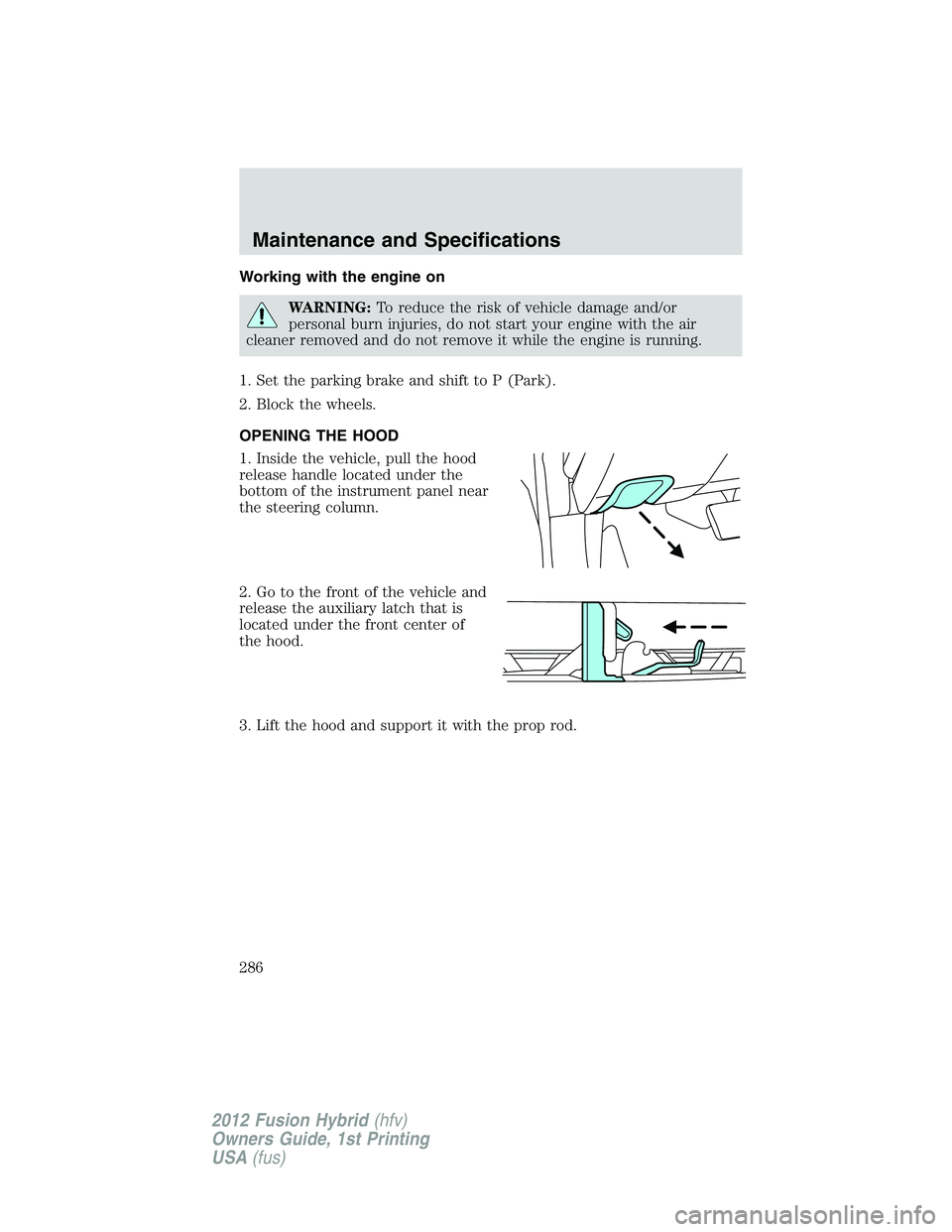 FORD FUSION HYBRID 2012  Owners Manual Working with the engine on
WARNING:To reduce the risk of vehicle damage and/or
personal burn injuries, do not start your engine with the air
cleaner removed and do not remove it while the engine is ru