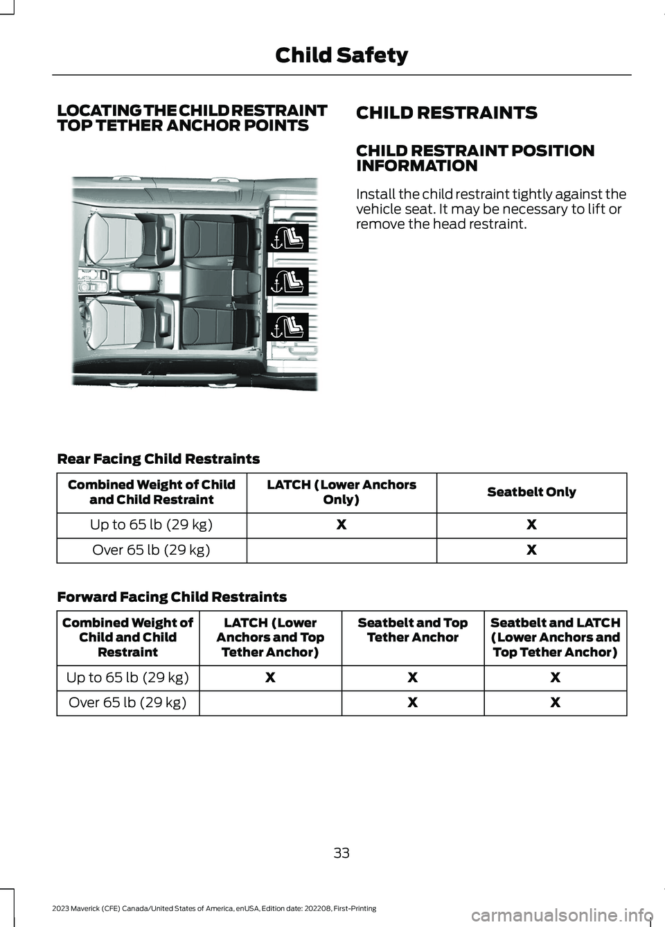 FORD MAVERICK 2023  Owners Manual LOCATING THE CHILD RESTRAINTTOP TETHER ANCHOR POINTSCHILD RESTRAINTS
CHILD RESTRAINT POSITIONINFORMATION
Install the child restraint tightly against thevehicle seat. It may be necessary to lift orremo