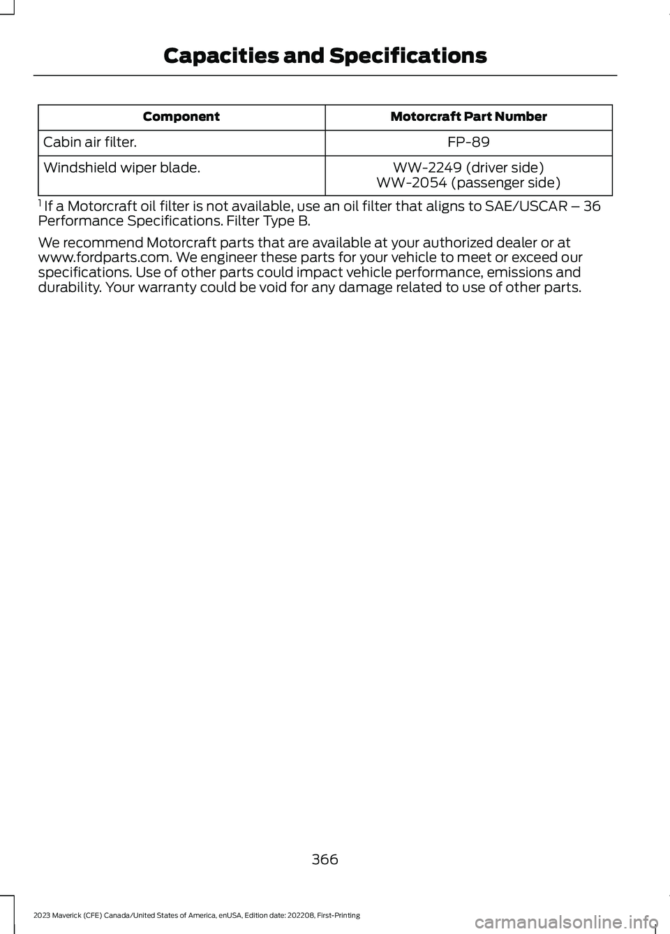 FORD MAVERICK 2023  Owners Manual Motorcraft Part NumberComponent
FP-89Cabin air filter.
WW-2249 (driver side)Windshield wiper blade.WW-2054 (passenger side)
1 If a Motorcraft oil filter is not available, use an oil filter that aligns