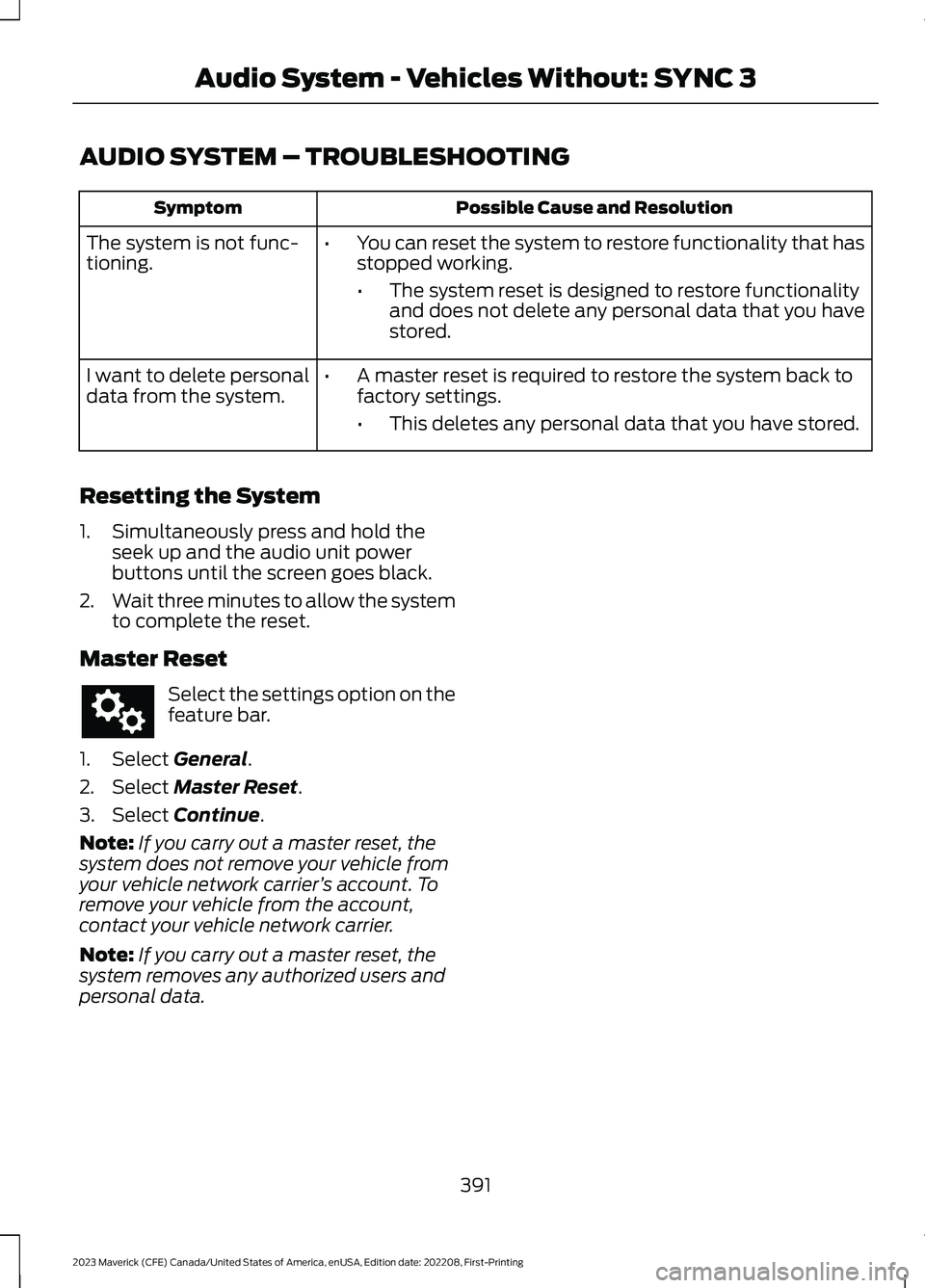 FORD MAVERICK 2023  Owners Manual AUDIO SYSTEM – TROUBLESHOOTING
Possible Cause and ResolutionSymptom
The system is not func-tioning.•You can reset the system to restore functionality that hasstopped working.
•The system reset i