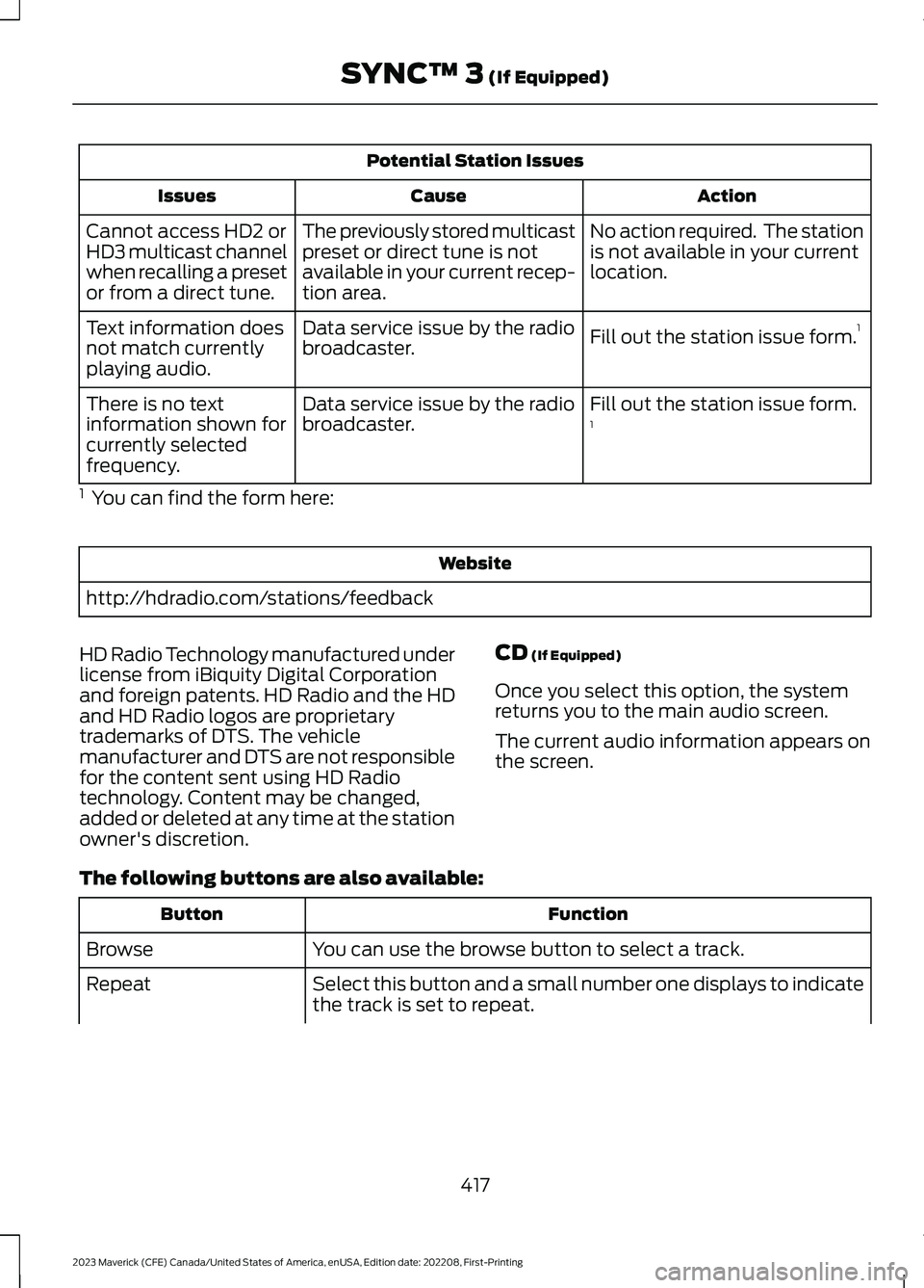 FORD MAVERICK 2023  Owners Manual Potential Station Issues
ActionCauseIssues
No action required.  The stationis not available in your currentlocation.
The previously stored multicastpreset or direct tune is notavailable in your curren