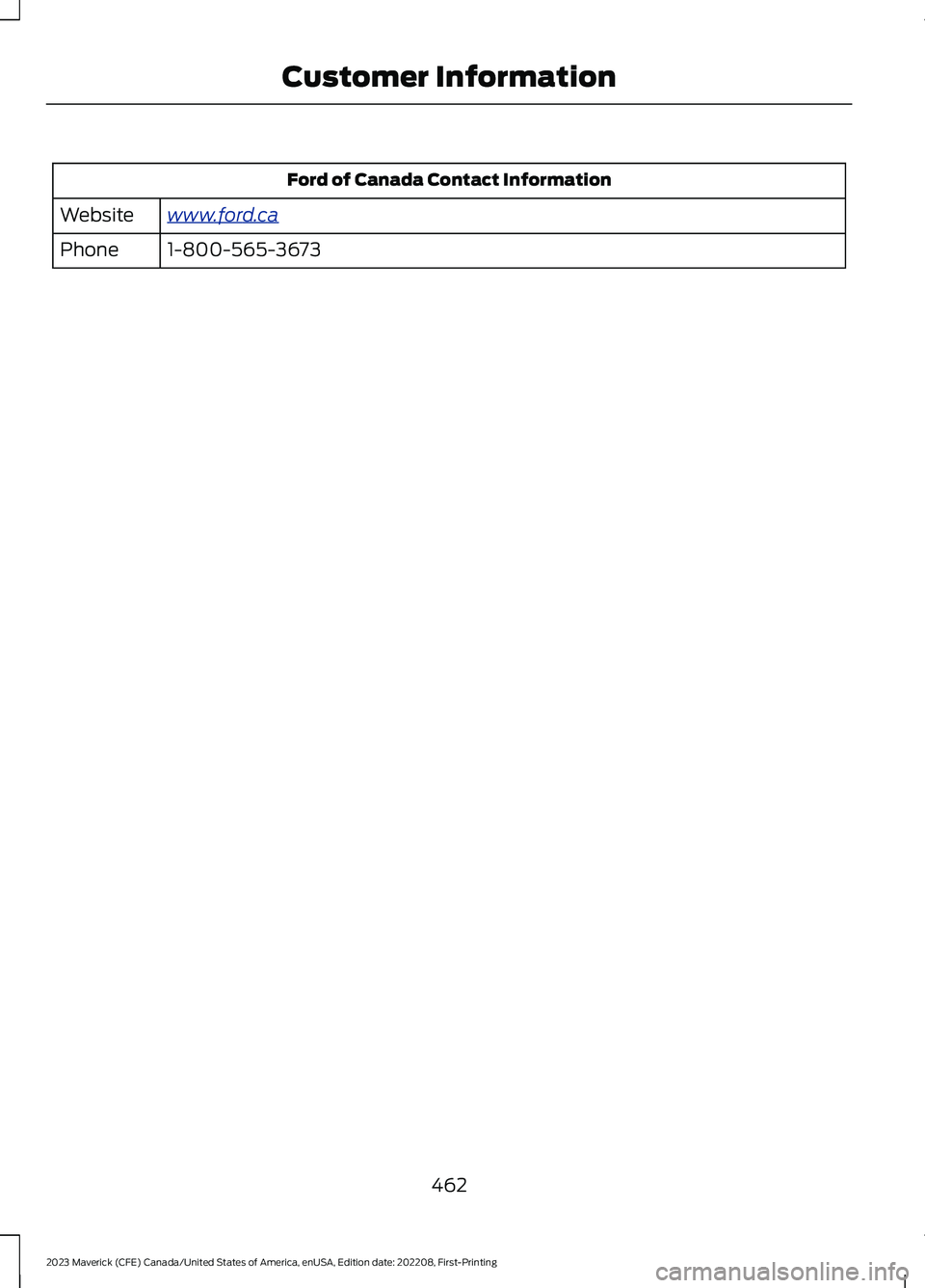 FORD MAVERICK 2023  Owners Manual Ford of Canada Contact Information
www.ford.caWebsite
1-800-565-3673Phone
462
2023 Maverick (CFE) Canada/United States of America, enUSA, Edition date: 202208, First-PrintingCustomer Information 