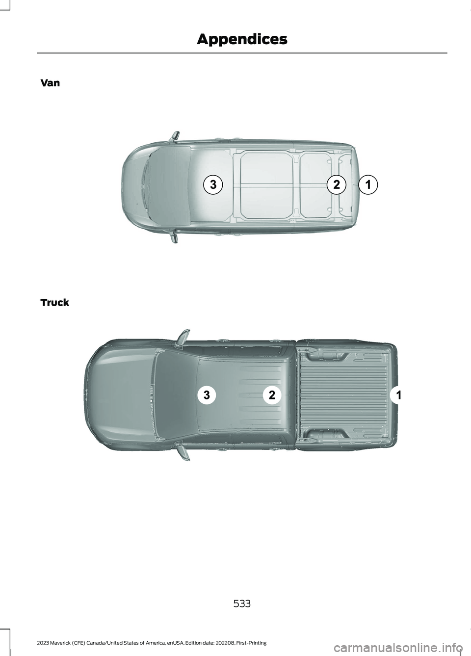 FORD MAVERICK 2023  Owners Manual Van
Truck
533
2023 Maverick (CFE) Canada/United States of America, enUSA, Edition date: 202208, First-PrintingAppendicesE239122   E239121   