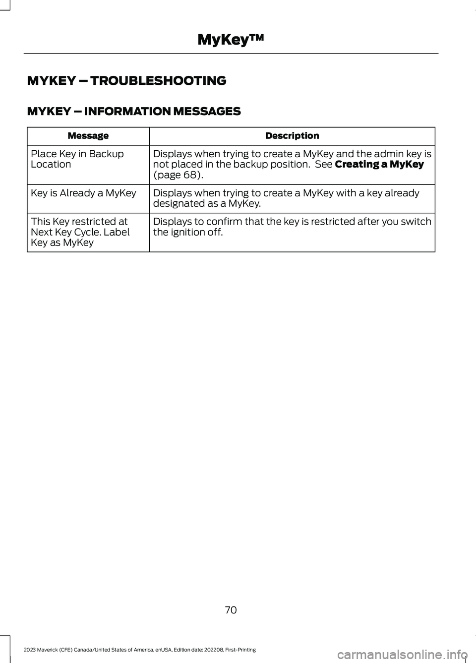 FORD MAVERICK 2023  Owners Manual MYKEY – TROUBLESHOOTING
MYKEY – INFORMATION MESSAGES
DescriptionMessage
Displays when trying to create a MyKey and the admin key isnot placed in the backup position. See Creating a MyKey(page 68).
