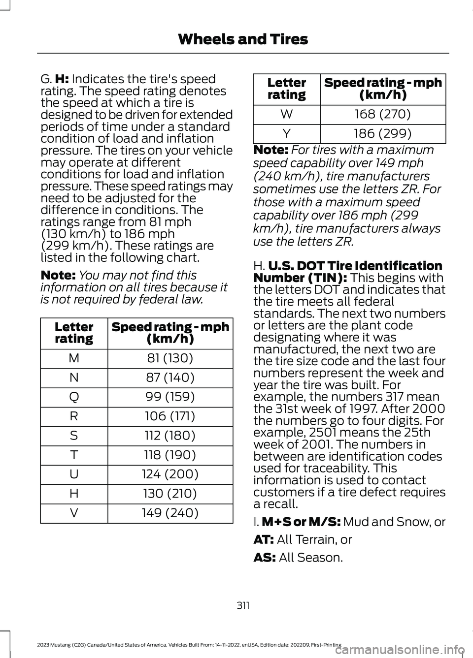 FORD MUSTANG 2023  Owners Manual G.H: Indicates the tire's speedrating. The speed rating denotesthe speed at which a tire isdesigned to be driven for extendedperiods of time under a standardcondition of load and inflationpressure