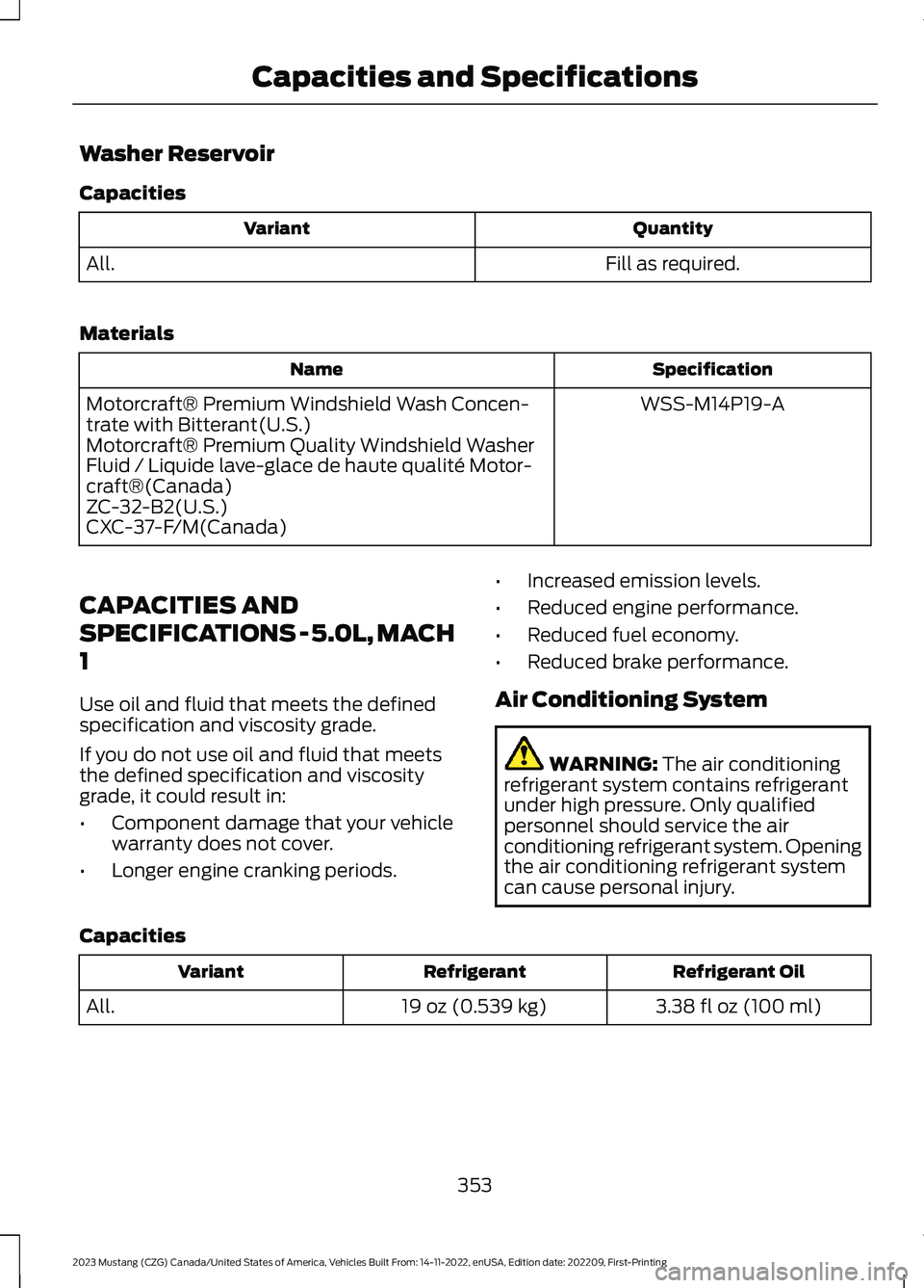 FORD MUSTANG 2023  Owners Manual Washer Reservoir
Capacities
QuantityVariant
Fill as required.All.
Materials
SpecificationName
WSS-M14P19-AMotorcraft® Premium Windshield Wash Concen-trate with Bitterant(U.S.)Motorcraft® Premium Qua