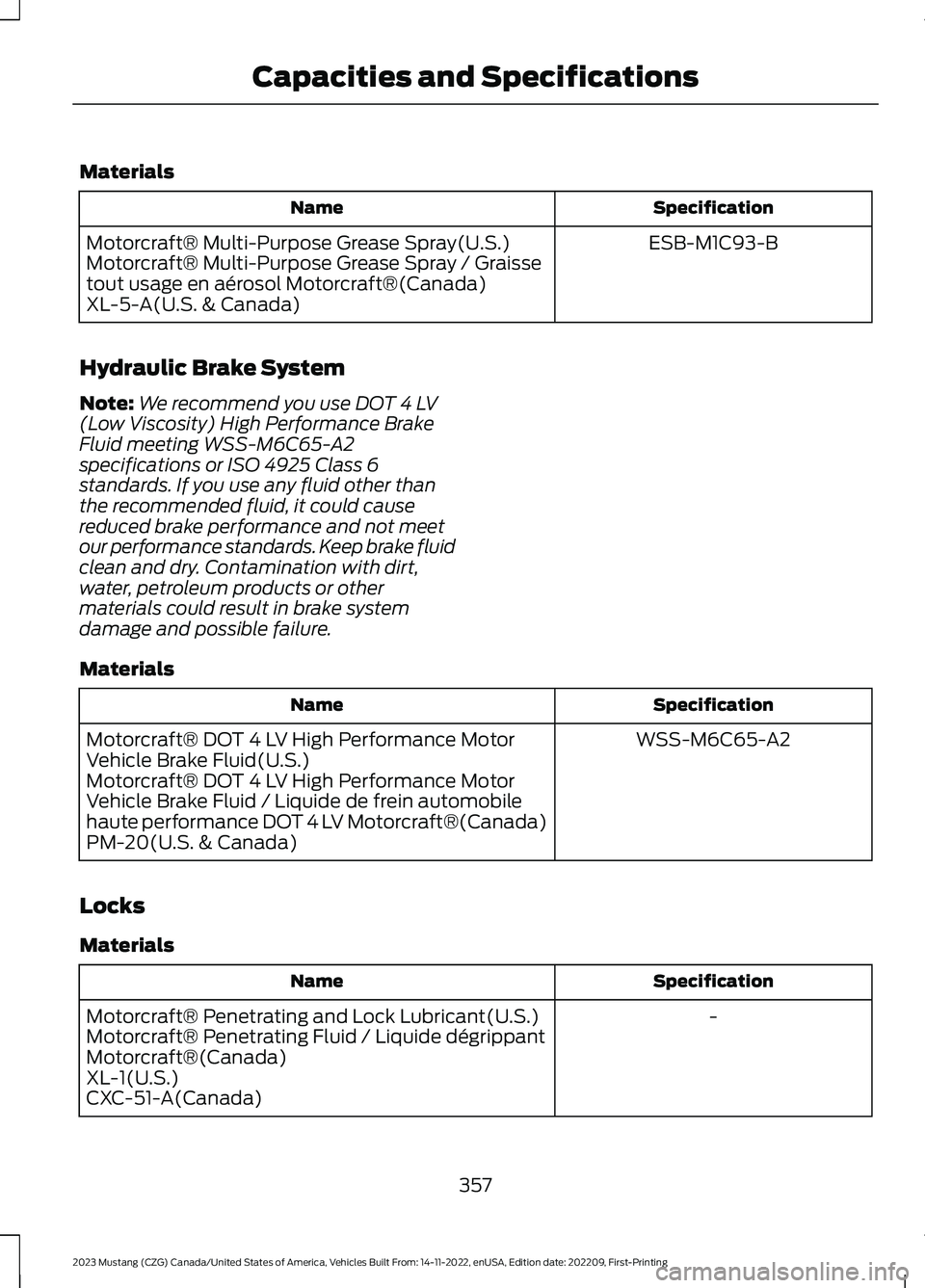 FORD MUSTANG 2023  Owners Manual Materials
SpecificationName
ESB-M1C93-BMotorcraft® Multi-Purpose Grease Spray(U.S.)Motorcraft® Multi-Purpose Grease Spray / Graissetout usage en aérosol Motorcraft®(Canada)XL-5-A(U.S. & Canada)
Hy