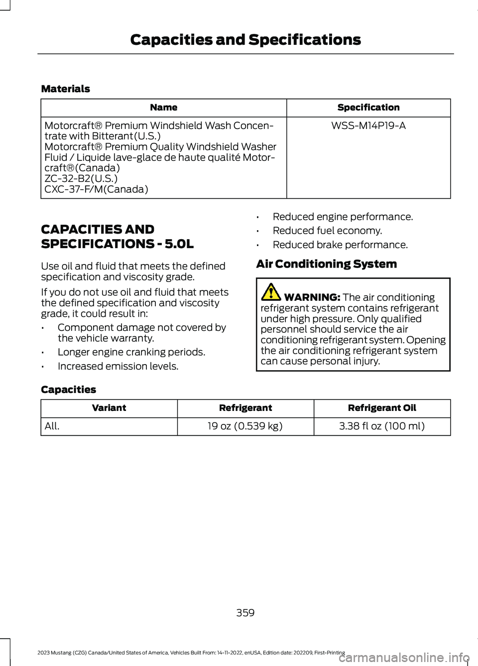 FORD MUSTANG 2023  Owners Manual Materials
SpecificationName
WSS-M14P19-AMotorcraft® Premium Windshield Wash Concen-trate with Bitterant(U.S.)Motorcraft® Premium Quality Windshield WasherFluid / Liquide lave-glace de haute qualité