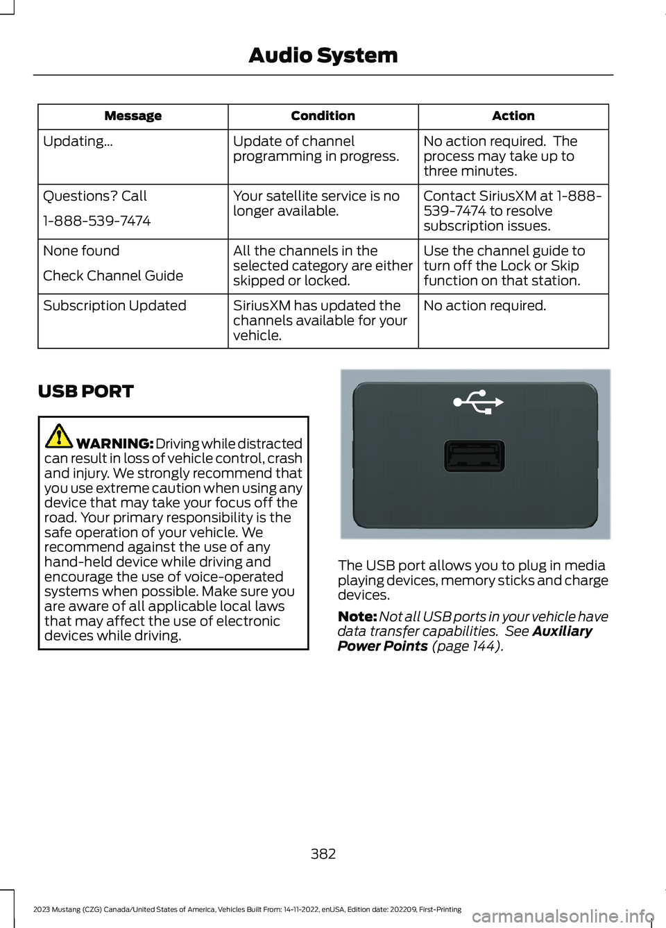 FORD MUSTANG 2023  Owners Manual ActionConditionMessage
No action required.  Theprocess may take up tothree minutes.
Update of channelprogramming in progress.Updating…
Contact SiriusXM at 1-888-539-7474 to resolvesubscription issue