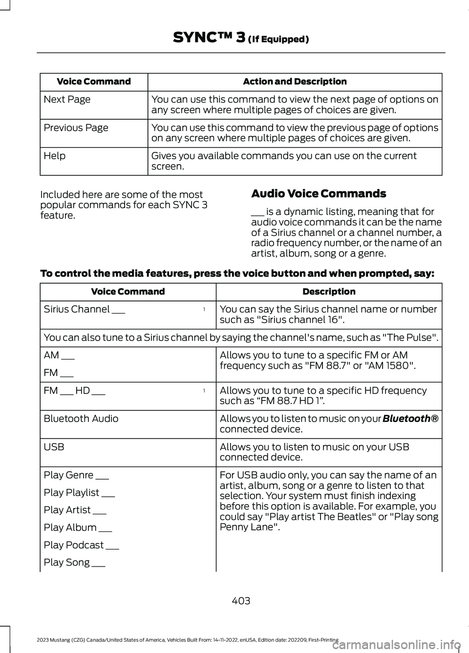 FORD MUSTANG 2023  Owners Manual Action and DescriptionVoice Command
You can use this command to view the next page of options onany screen where multiple pages of choices are given.Next Page
You can use this command to view the prev