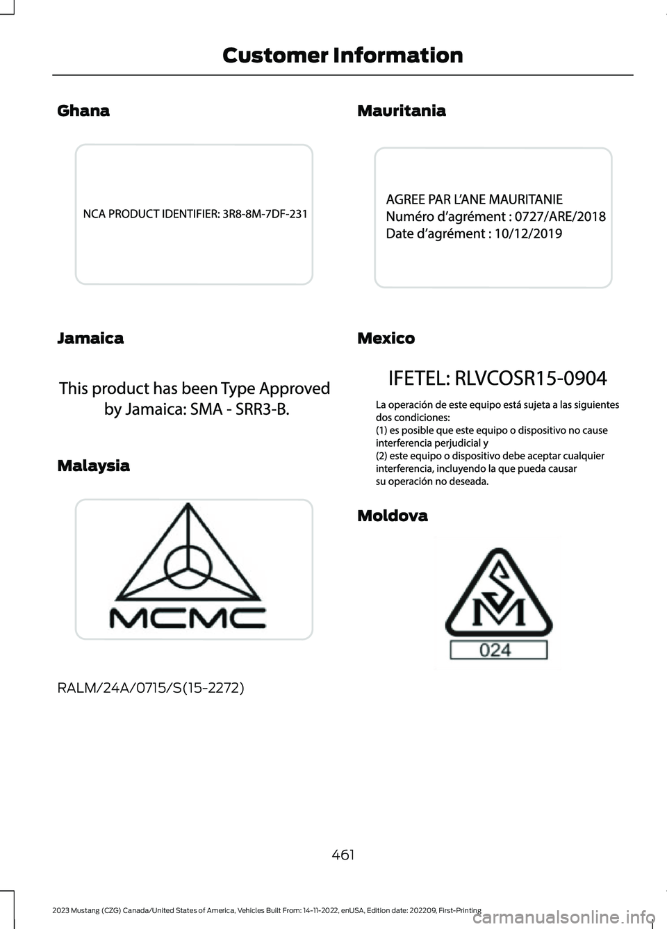 FORD MUSTANG 2023  Owners Manual Ghana
Jamaica
Malaysia
RALM/24A/0715/S(15-2272)
Mauritania
Mexico
Moldova
461
2023 Mustang (CZG) Canada/United States of America, Vehicles Built From: 14-11-2022, enUSA, Edition date: 202209, First-Pr