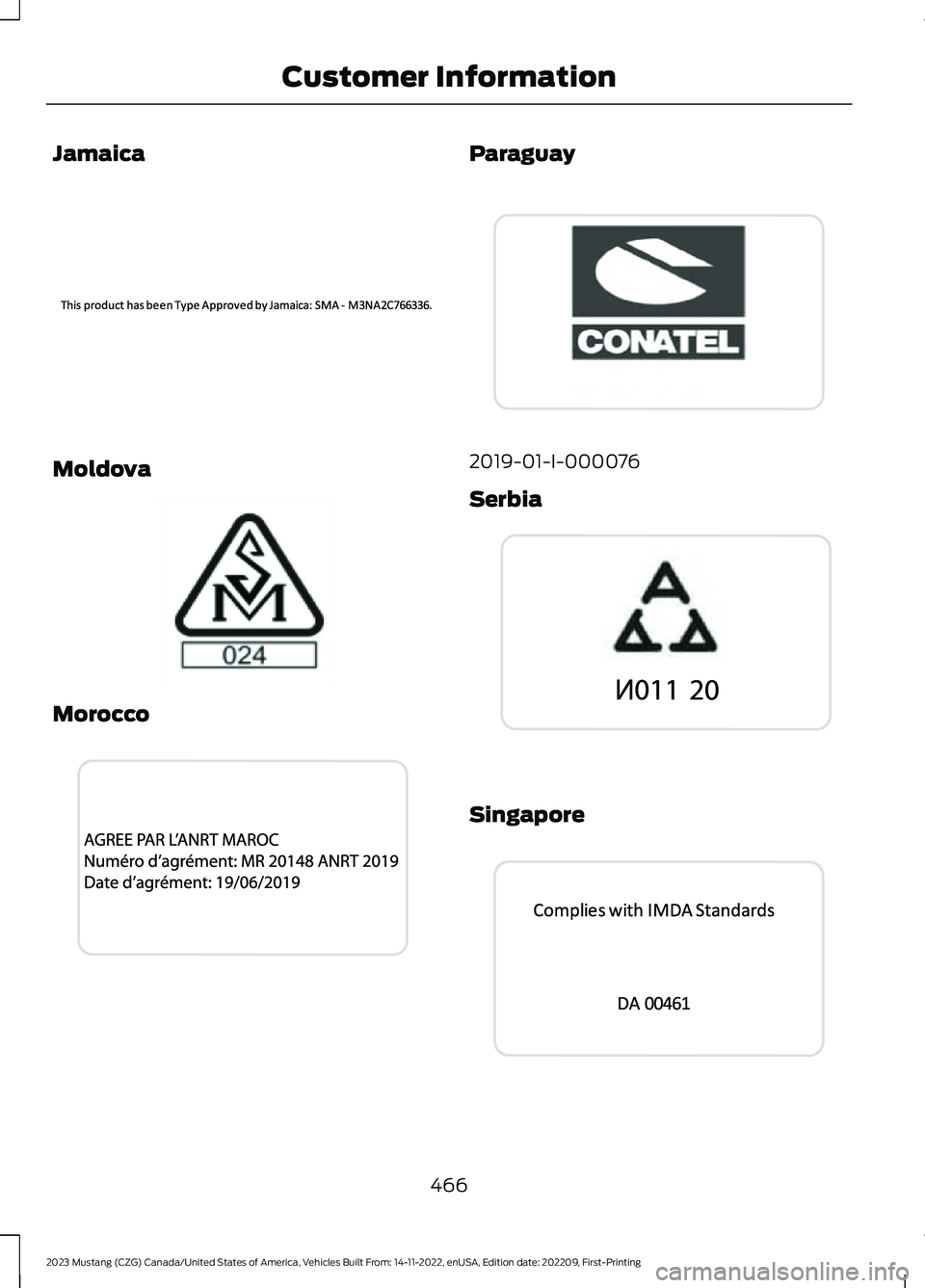 FORD MUSTANG 2023  Owners Manual Jamaica
Moldova
Morocco
Paraguay
2019-01-I-000076
Serbia
Singapore
466
2023 Mustang (CZG) Canada/United States of America, Vehicles Built From: 14-11-2022, enUSA, Edition date: 202209, First-PrintingC