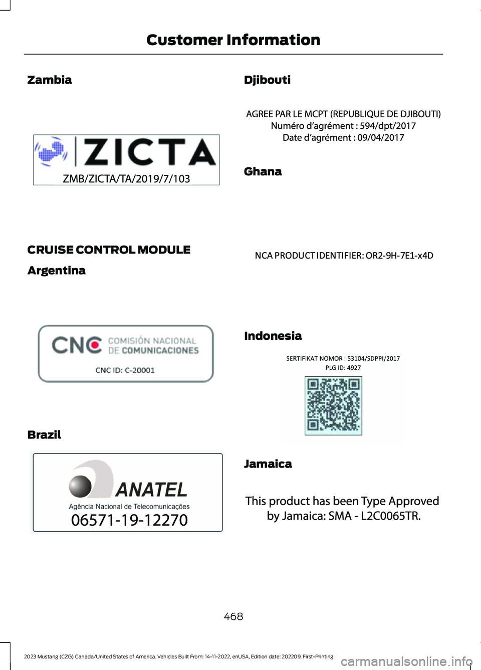 FORD MUSTANG 2023  Owners Manual Zambia
CRUISE CONTROL MODULE
Argentina
Brazil
Djibouti
Ghana
Indonesia
Jamaica
468
2023 Mustang (CZG) Canada/United States of America, Vehicles Built From: 14-11-2022, enUSA, Edition date: 202209, Fir
