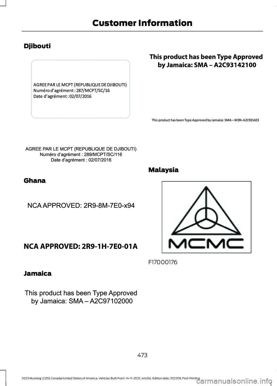 FORD MUSTANG 2023  Owners Manual Djibouti
Ghana
Jamaica
Malaysia
F17000176
473
2023 Mustang (CZG) Canada/United States of America, Vehicles Built From: 14-11-2022, enUSA, Edition date: 202209, First-PrintingCustomer InformationE34301