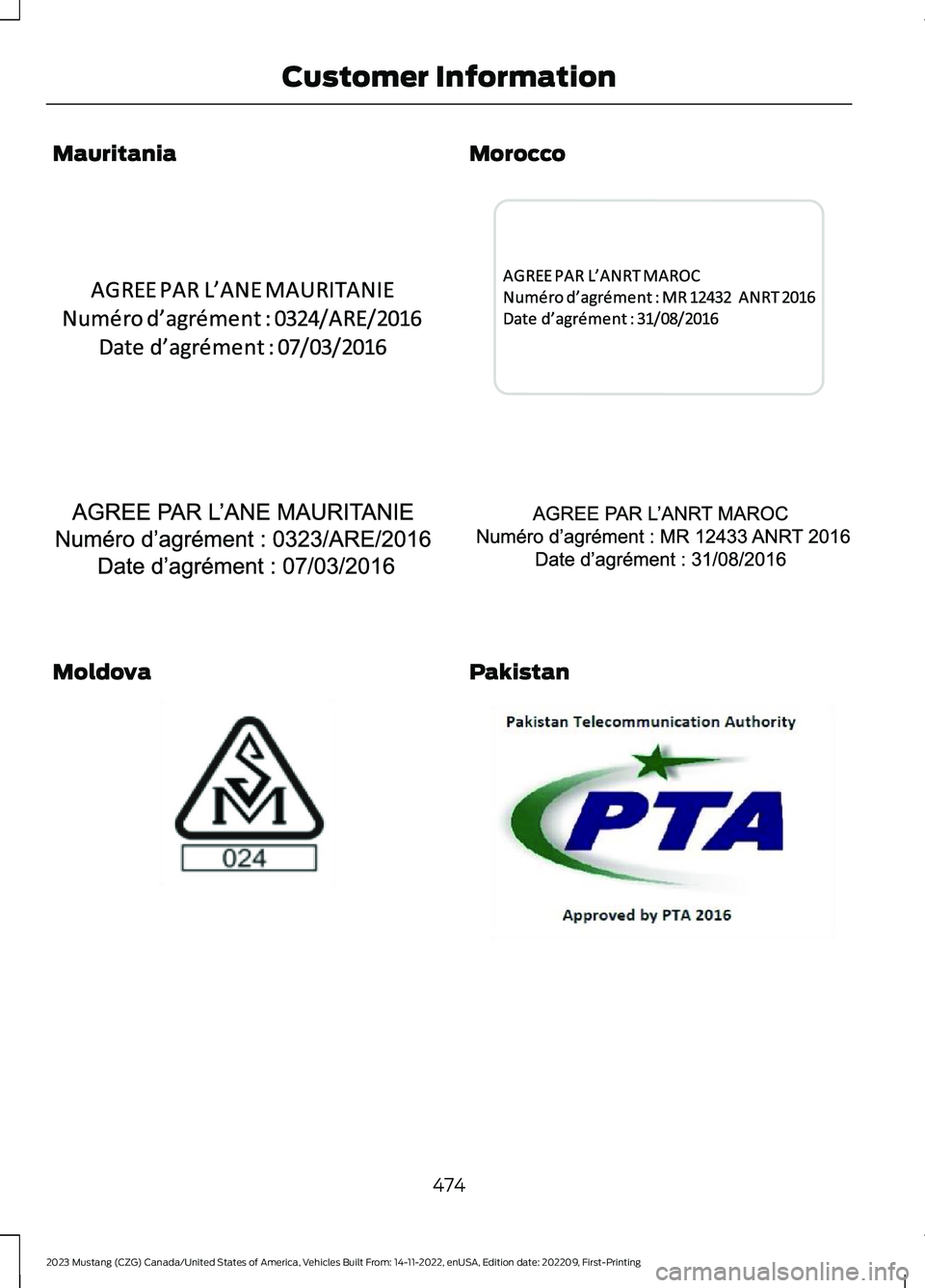 FORD MUSTANG 2023  Owners Manual Mauritania
Moldova
Morocco
Pakistan
474
2023 Mustang (CZG) Canada/United States of America, Vehicles Built From: 14-11-2022, enUSA, Edition date: 202209, First-PrintingCustomer InformationE340487  E34