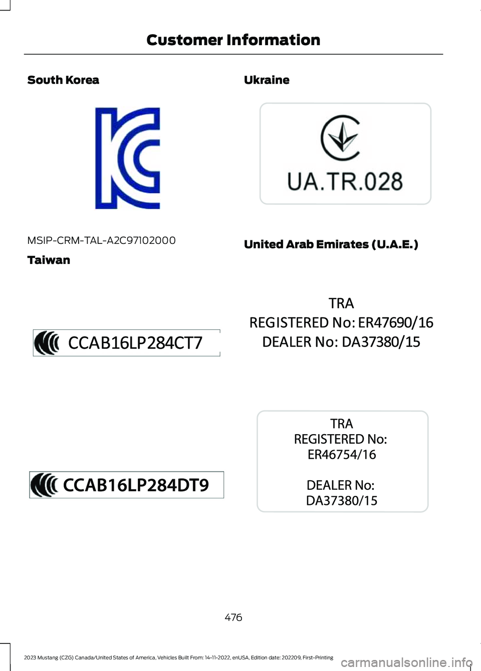 FORD MUSTANG 2023  Owners Manual South Korea
MSIP-CRM-TAL-A2C97102000
Taiwan
Ukraine
United Arab Emirates (U.A.E.)
476
2023 Mustang (CZG) Canada/United States of America, Vehicles Built From: 14-11-2022, enUSA, Edition date: 202209, 