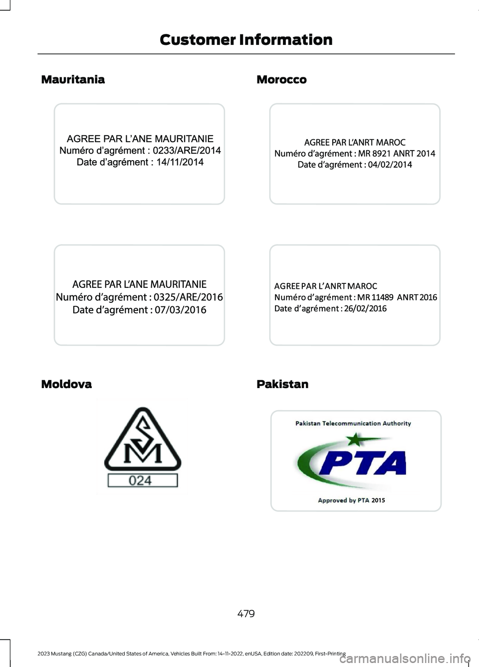 FORD MUSTANG 2023  Owners Manual Mauritania
Moldova
Morocco
Pakistan
479
2023 Mustang (CZG) Canada/United States of America, Vehicles Built From: 14-11-2022, enUSA, Edition date: 202209, First-PrintingCustomer InformationE341735  E34