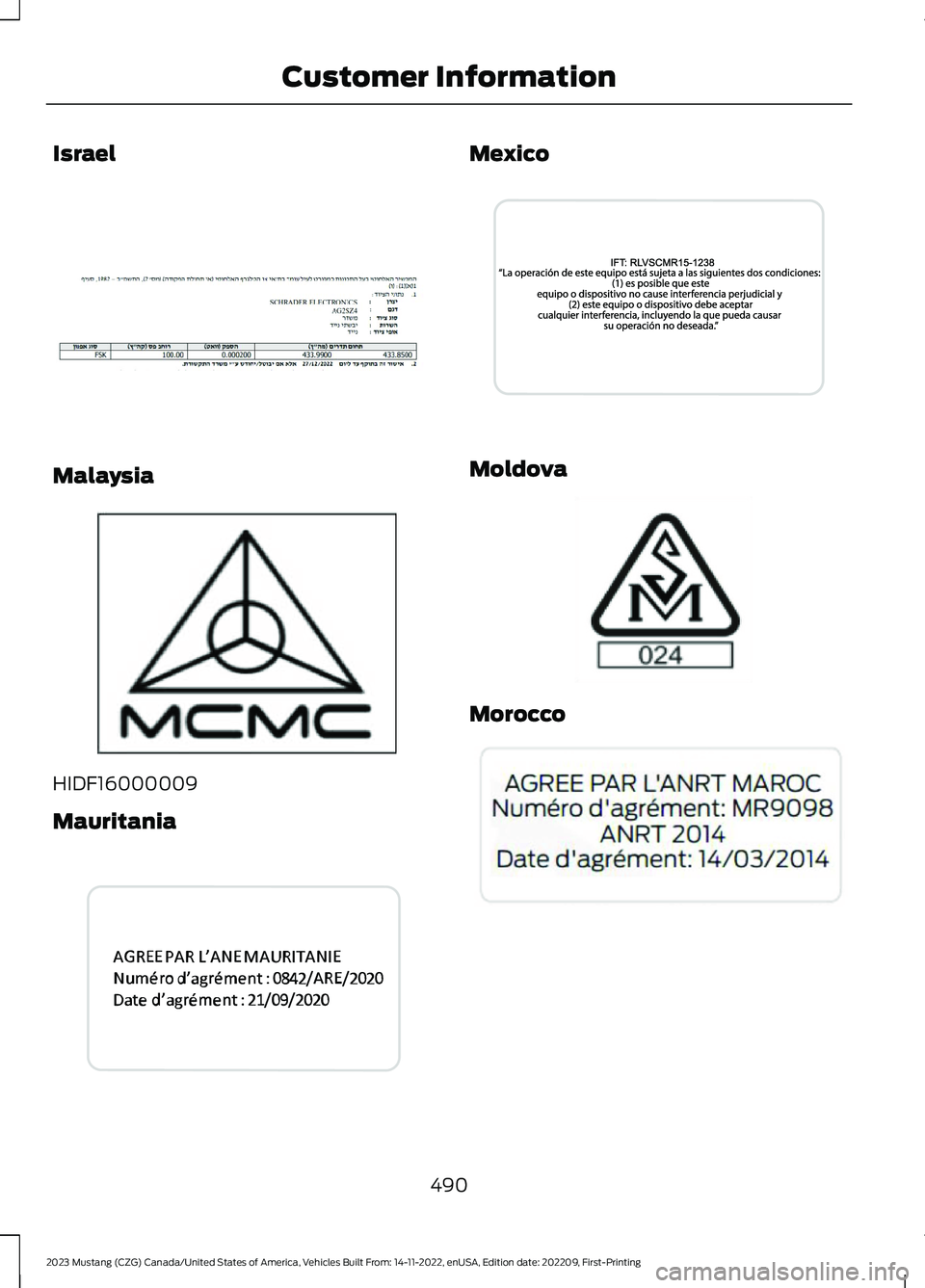 FORD MUSTANG 2023  Owners Manual Israel
Malaysia
HIDF16000009
Mauritania
Mexico
Moldova
Morocco
490
2023 Mustang (CZG) Canada/United States of America, Vehicles Built From: 14-11-2022, enUSA, Edition date: 202209, First-PrintingCusto