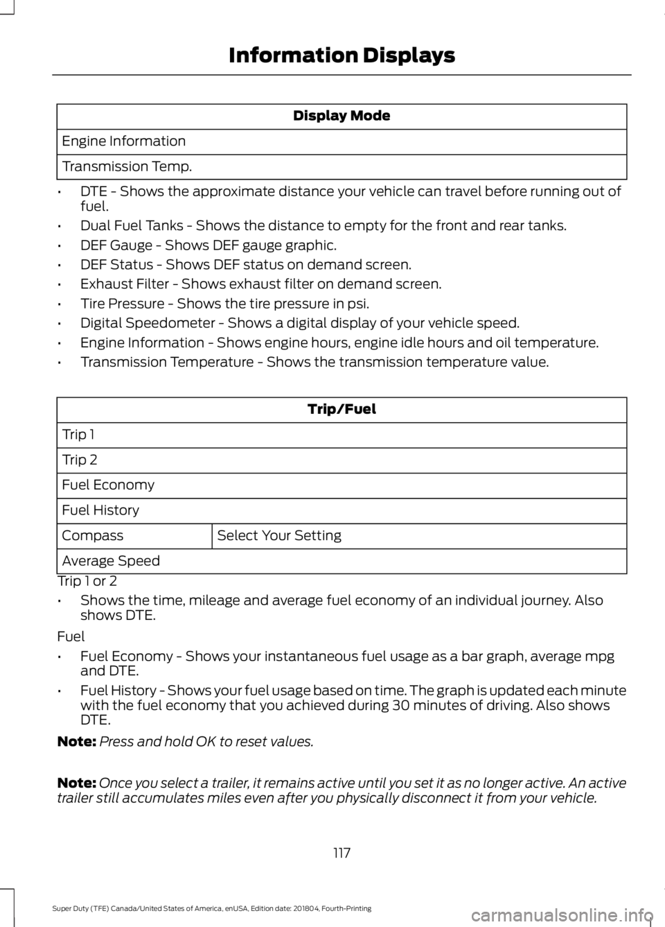 FORD SUPER DUTY 2019 Owners Manual Display Mode
Engine Information
Transmission Temp.
• DTE - Shows the approximate distance your vehicle can travel before running out of
fuel.
• Dual Fuel Tanks - Shows the distance to empty for th FORD SUPER DUTY 2019 Owners Manual Display Mode
Engine Information
Transmission Temp.
• DTE - Shows the approximate distance your vehicle can travel before running out of
fuel.
• Dual Fuel Tanks - Shows the distance to empty for th