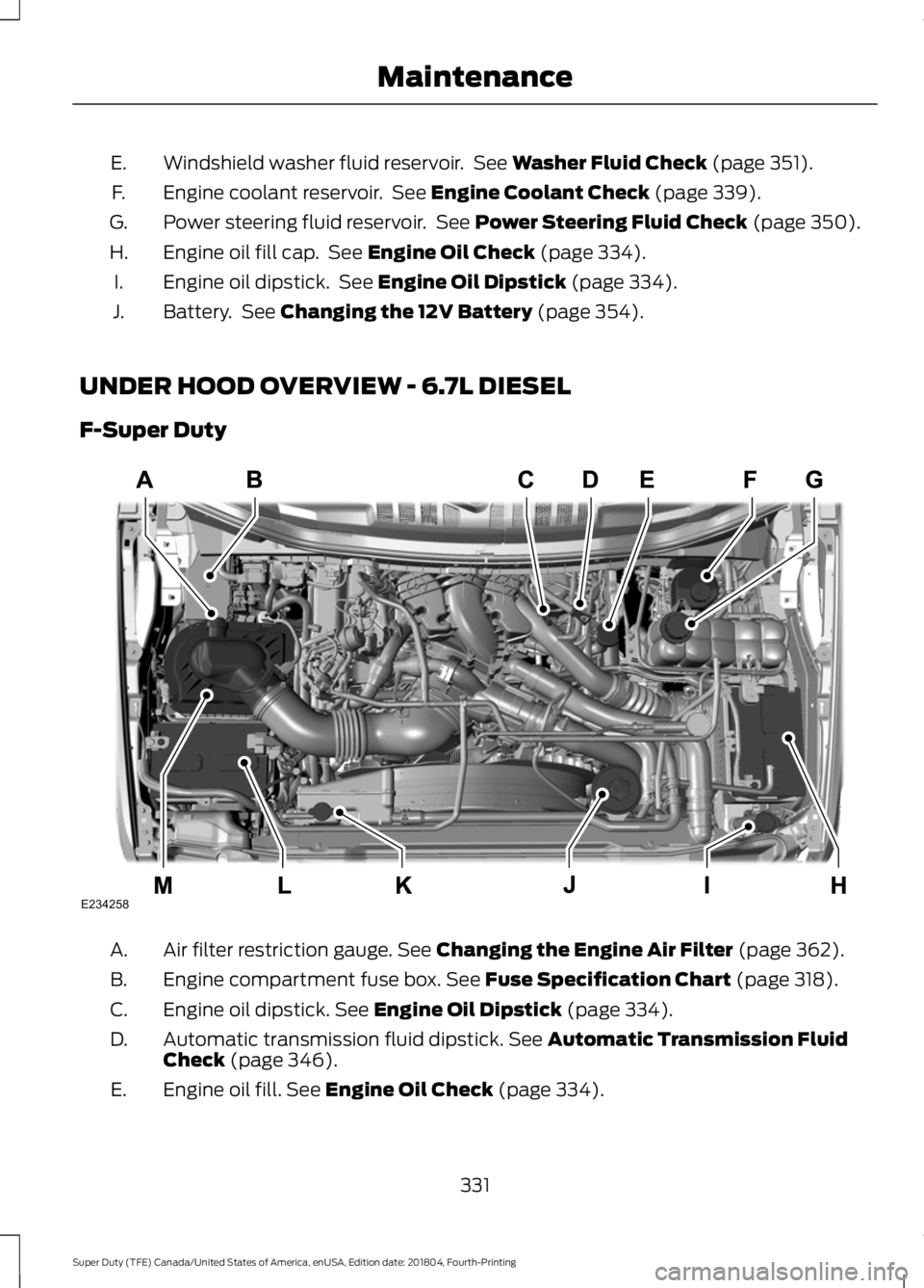 FORD SUPER DUTY 2019  Owners Manual Windshield washer fluid reservoir.  See Washer Fluid Check (page 351).
E.
Engine coolant reservoir.  See 
Engine Coolant Check (page 339).
F.
Power steering fluid reservoir.  See 
Power Steering Fluid