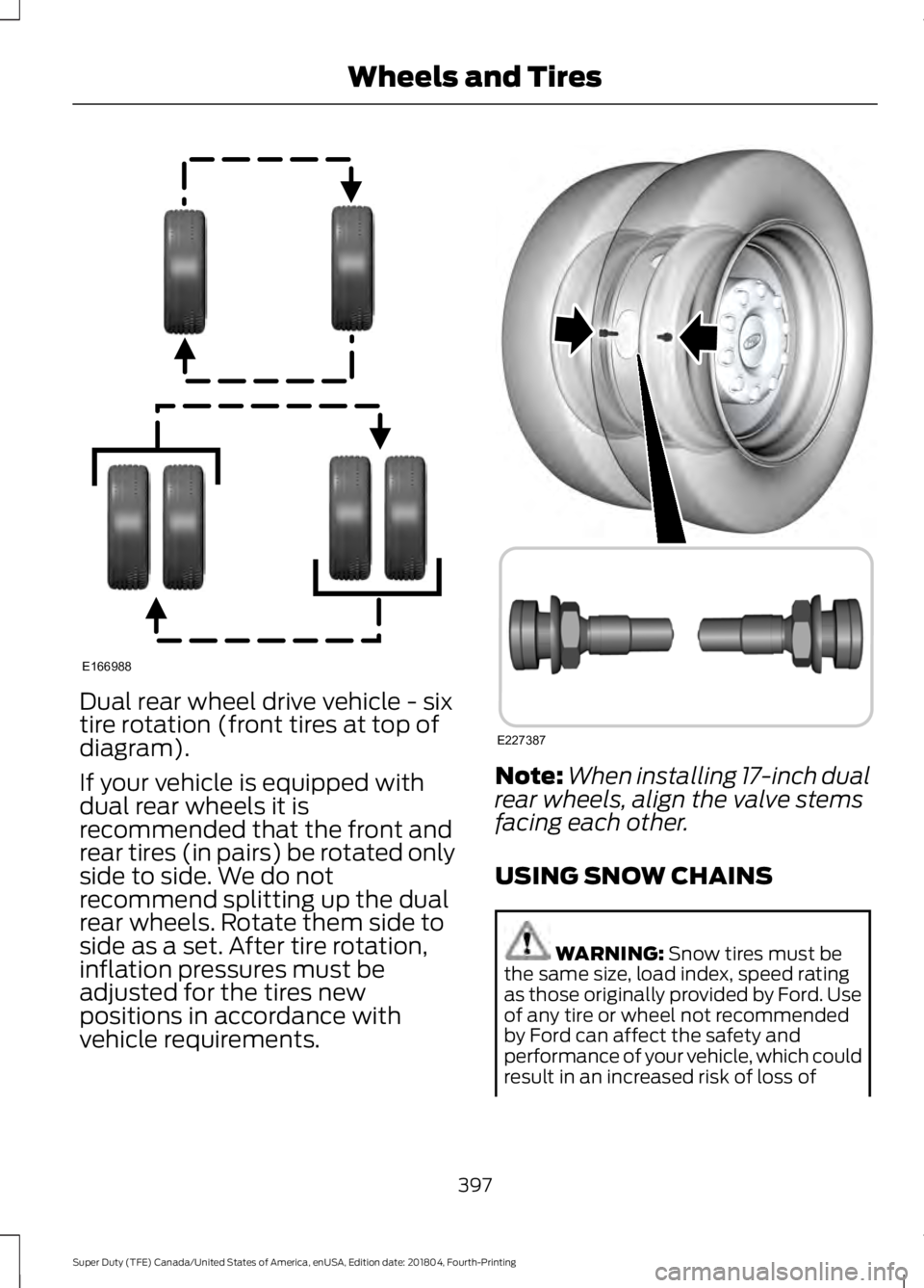 FORD SUPER DUTY 2019  Owners Manual Dual rear wheel drive vehicle - six
tire rotation (front tires at top of
diagram).
If your vehicle is equipped with
dual rear wheels it is
recommended that the front and
rear tires (in pairs) be rotat