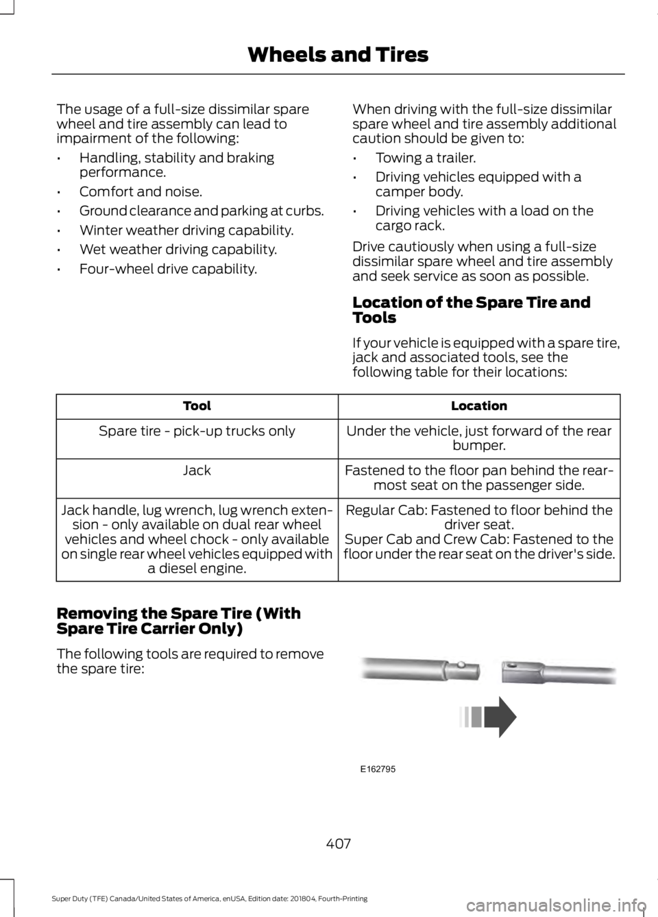 FORD SUPER DUTY 2019  Owners Manual The usage of a full-size dissimilar spare
wheel and tire assembly can lead to
impairment of the following:
•
Handling, stability and braking
performance.
• Comfort and noise.
• Ground clearance 